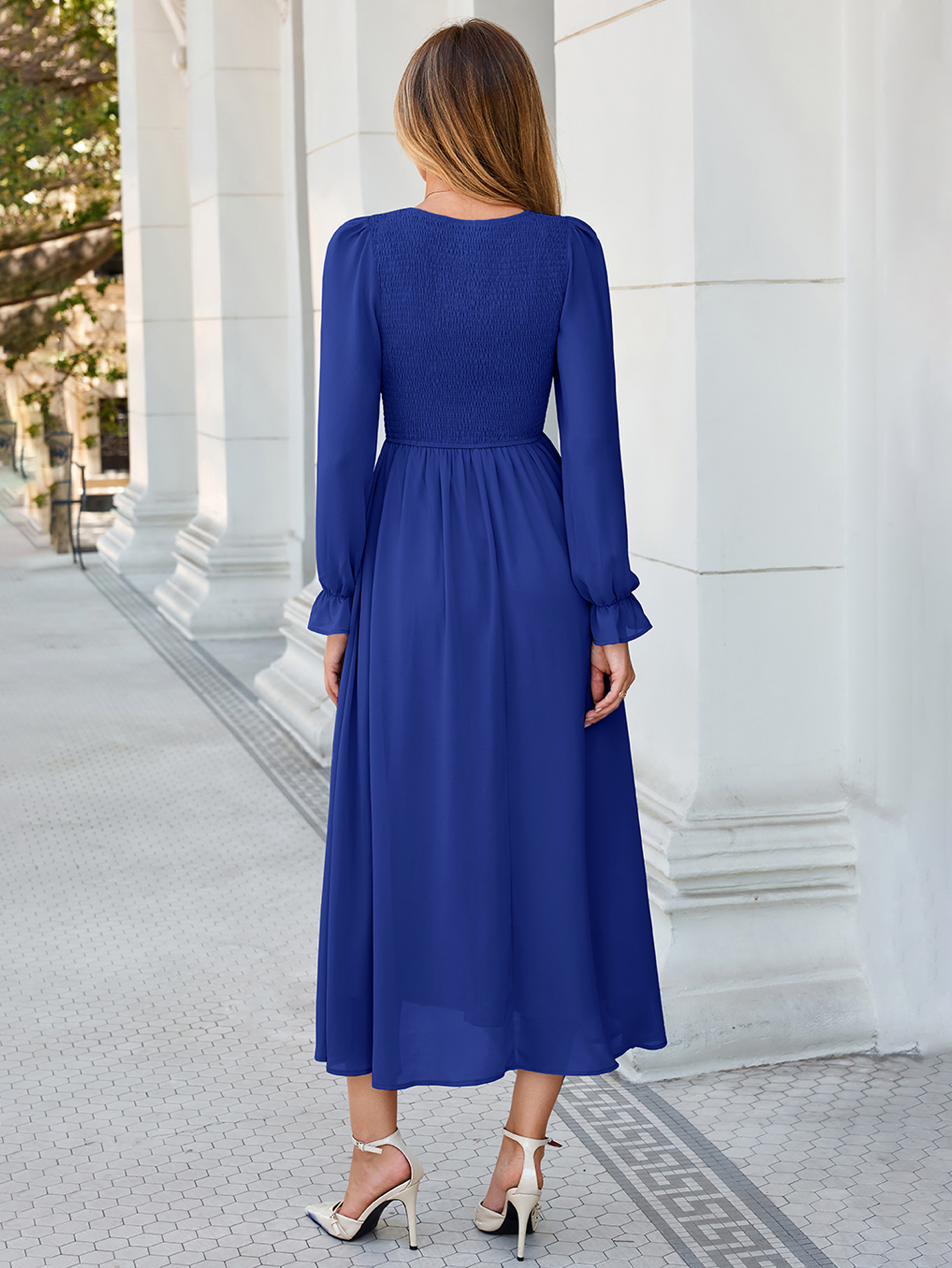 Smocked Bodice Crew Neck Long Sleeve Chiffon Maxi Dress