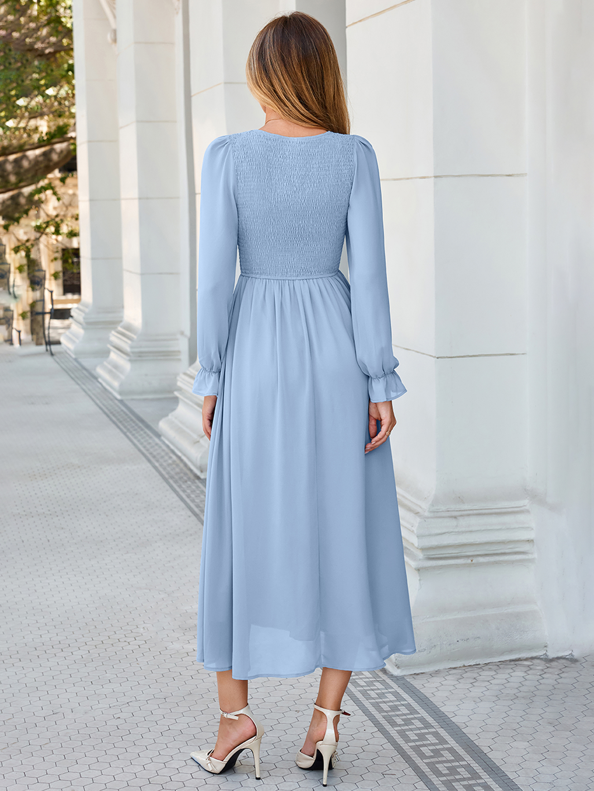 Smocked Bodice Crew Neck Long Sleeve Chiffon Maxi Dress