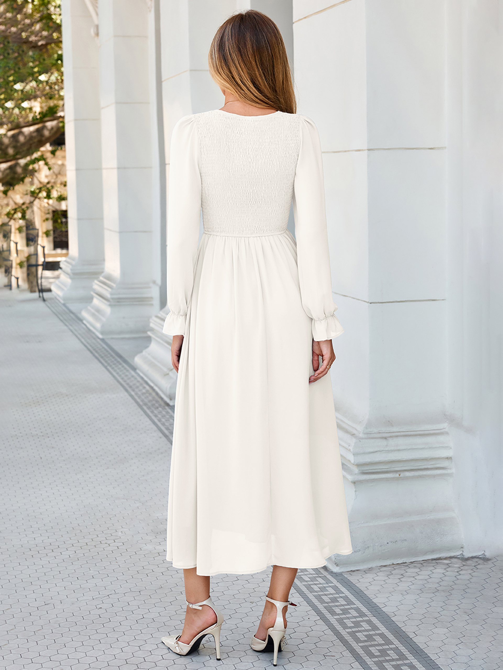 Smocked Bodice Crew Neck Long Sleeve Chiffon Maxi Dress