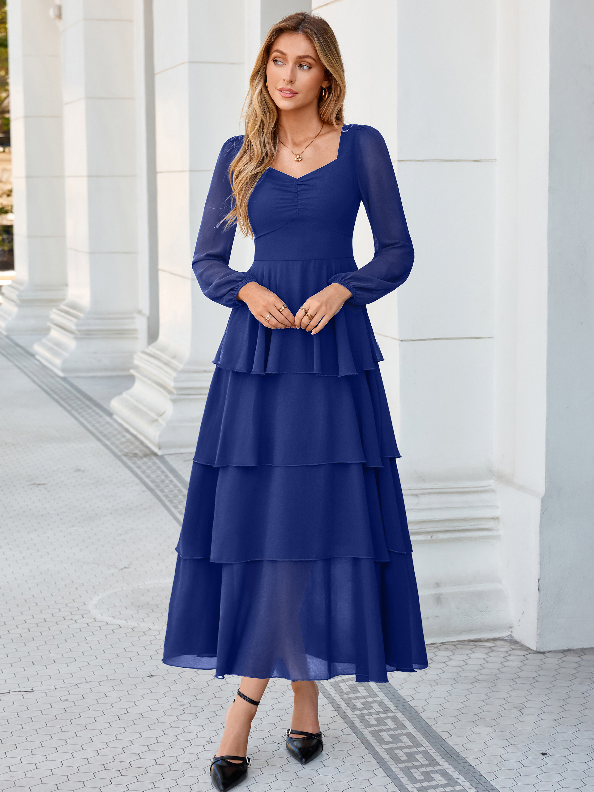 Sweetheart Ruched Long Sleeve Tiered Chiffon Maxi Dress