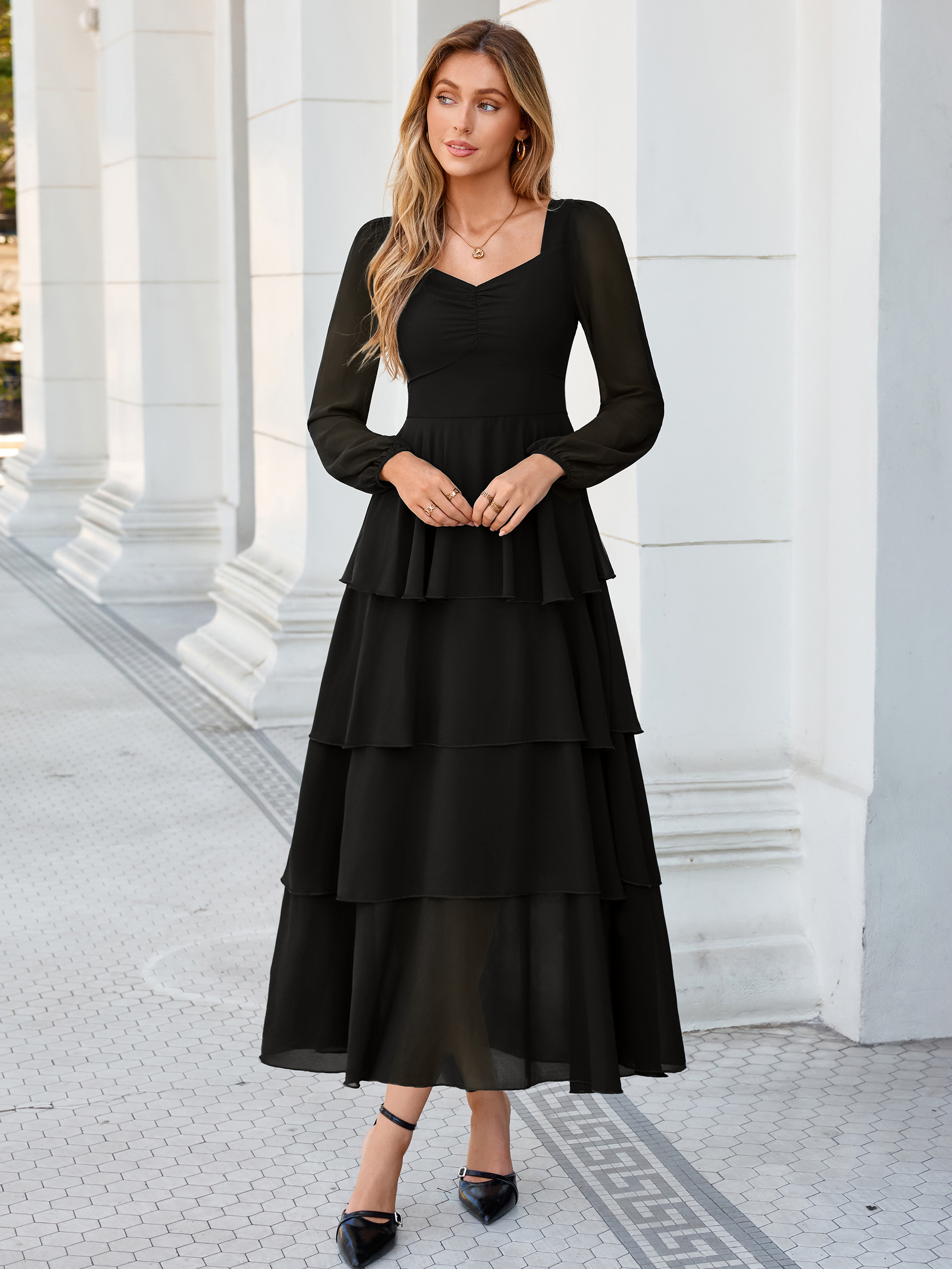 Sweetheart Ruched Long Sleeve Tiered Chiffon Maxi Dress