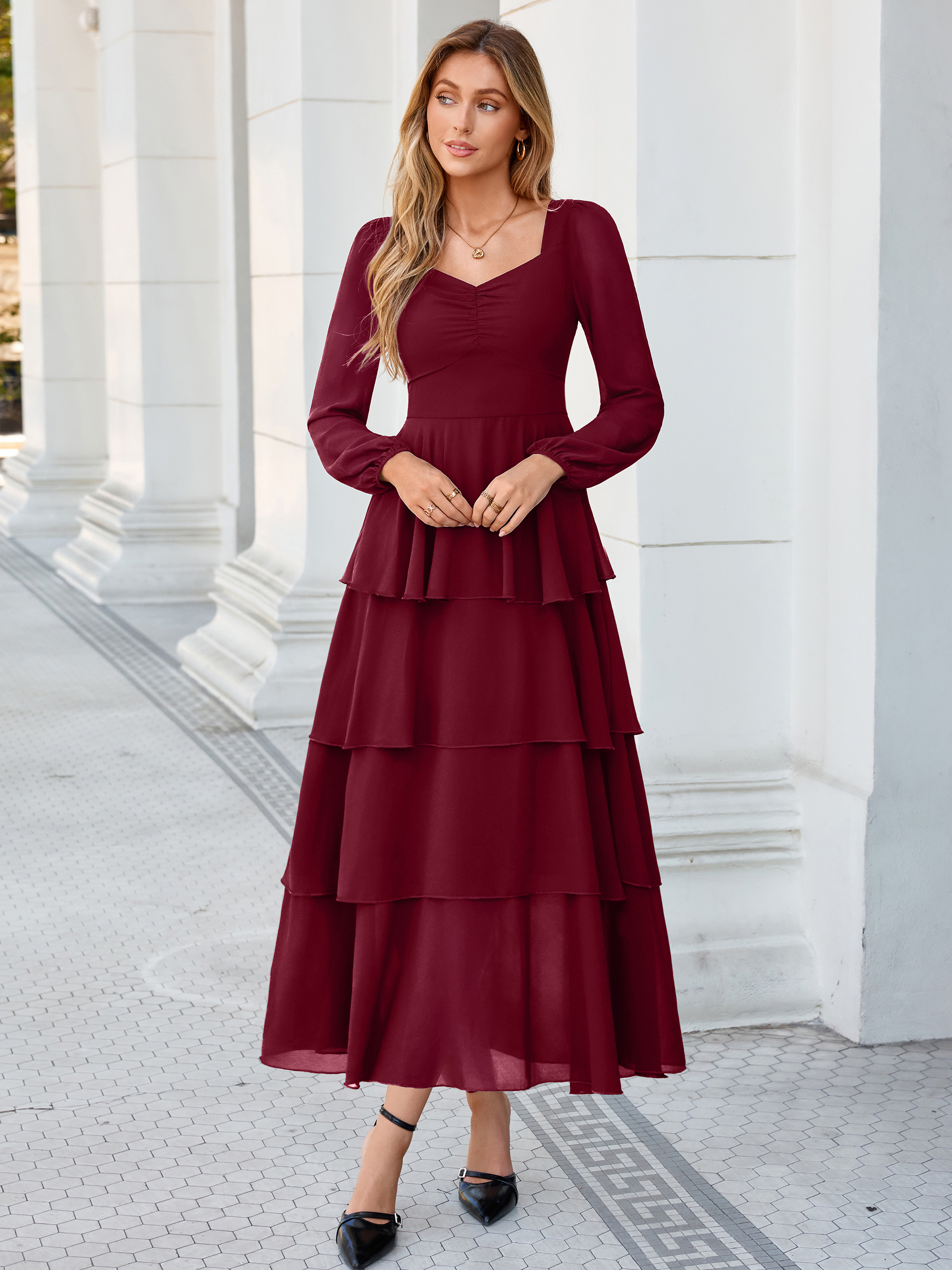 Sweetheart Ruched Long Sleeve Tiered Chiffon Maxi Dress
