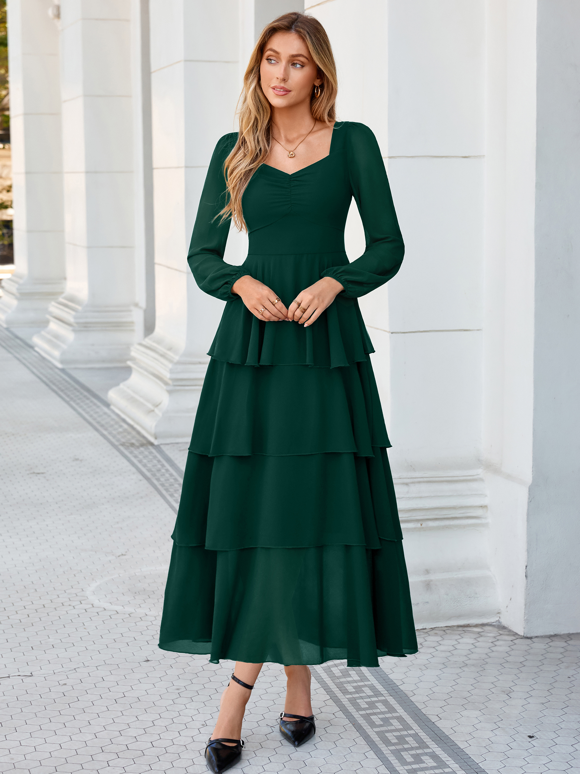 Sweetheart Ruched Long Sleeve Tiered Chiffon Maxi Dress