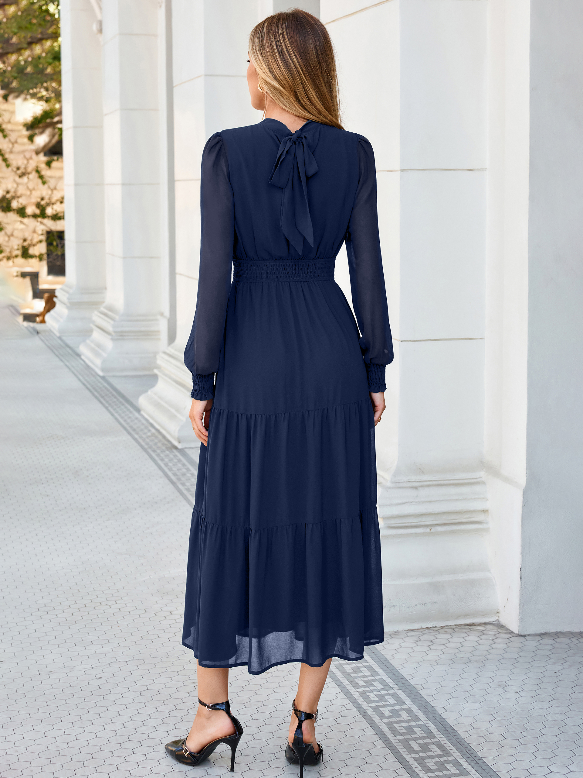 Mock Neck Keyhole Smocked Waist Chiffon Maxi Dress
