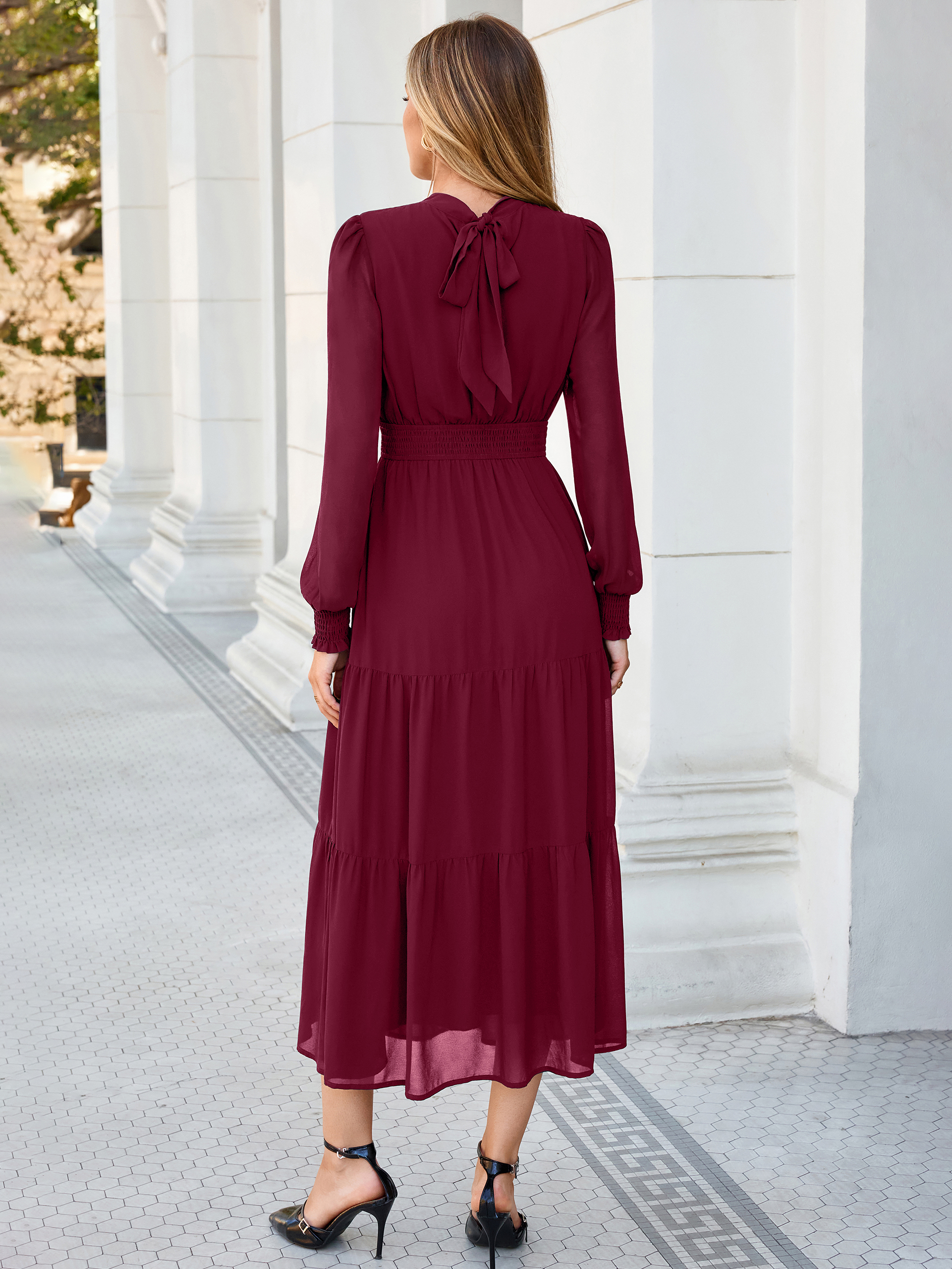 Mock Neck Keyhole Smocked Waist Chiffon Maxi Dress