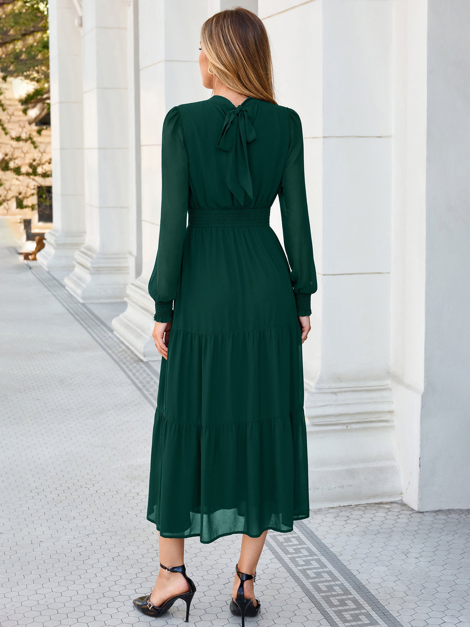 Mock Neck Keyhole Smocked Waist Chiffon Maxi Dress