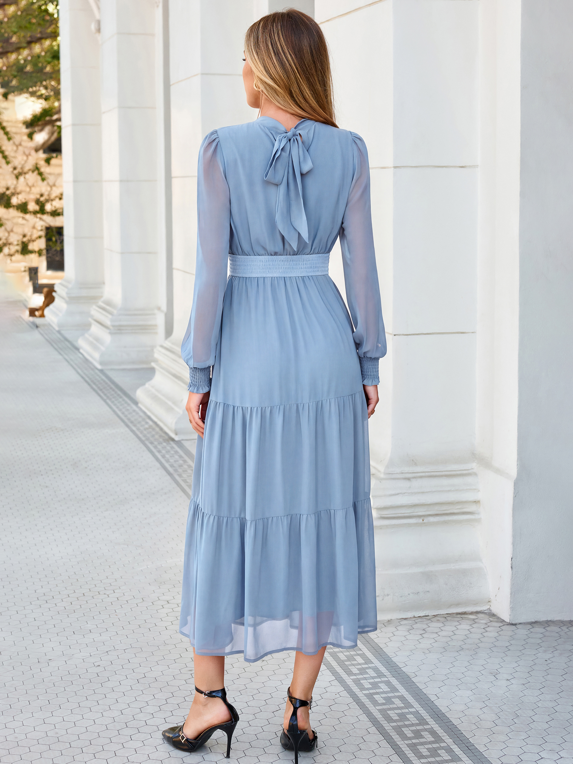 Mock Neck Keyhole Smocked Waist Chiffon Maxi Dress