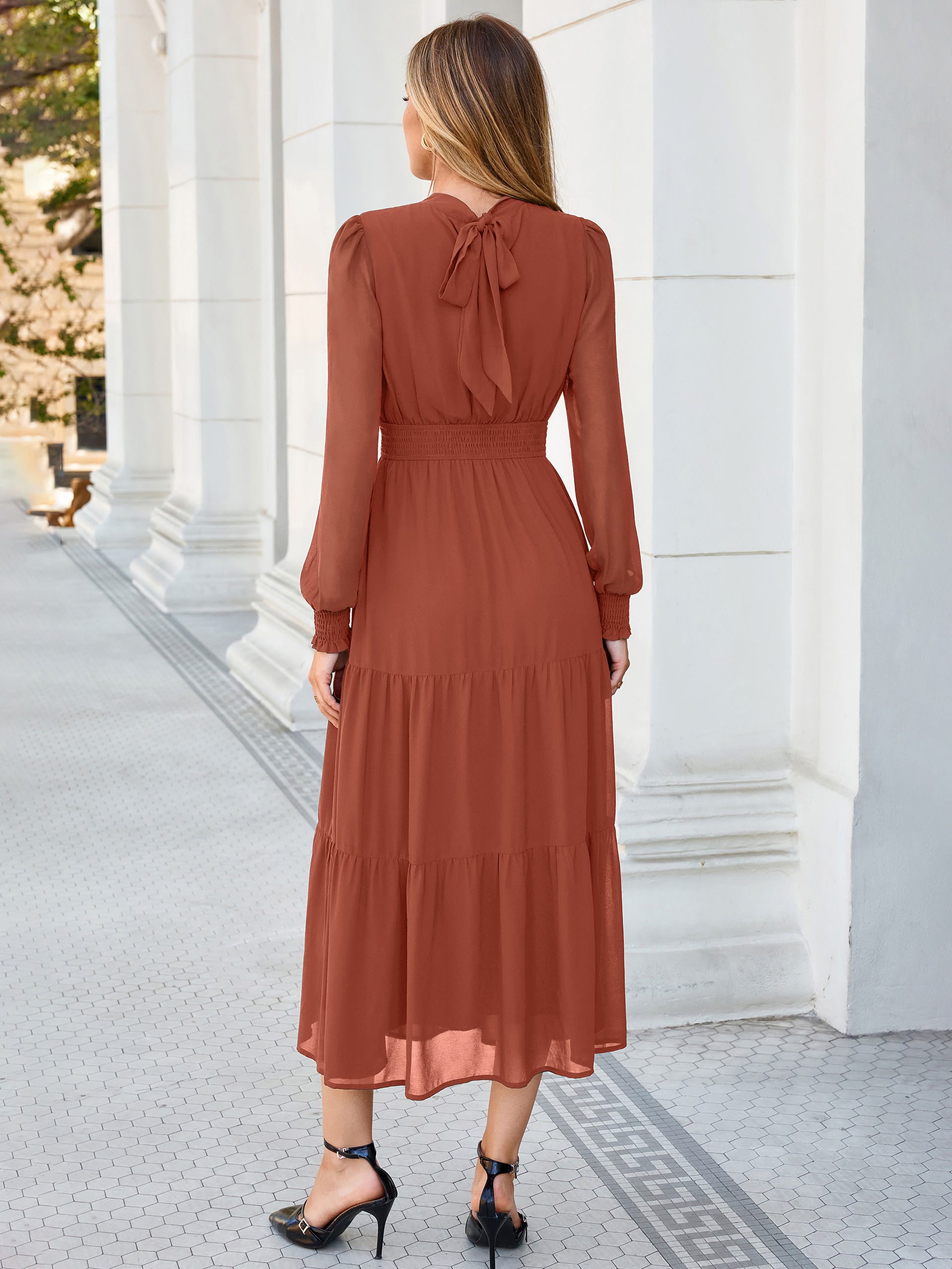Mock Neck Keyhole Smocked Waist Chiffon Maxi Dress