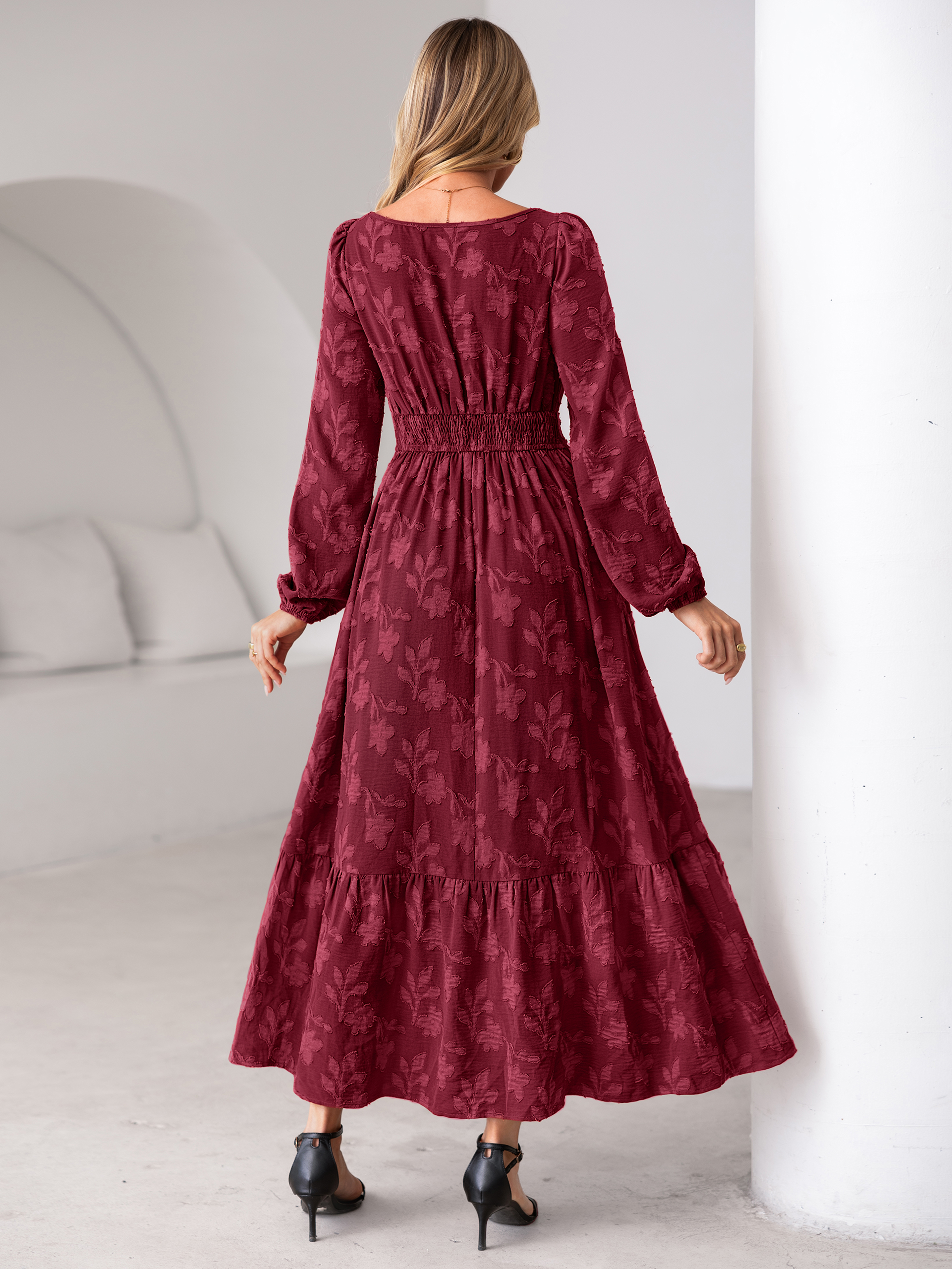 Burnout Floral Print Twist Front Long Sleeve Maxi Dress