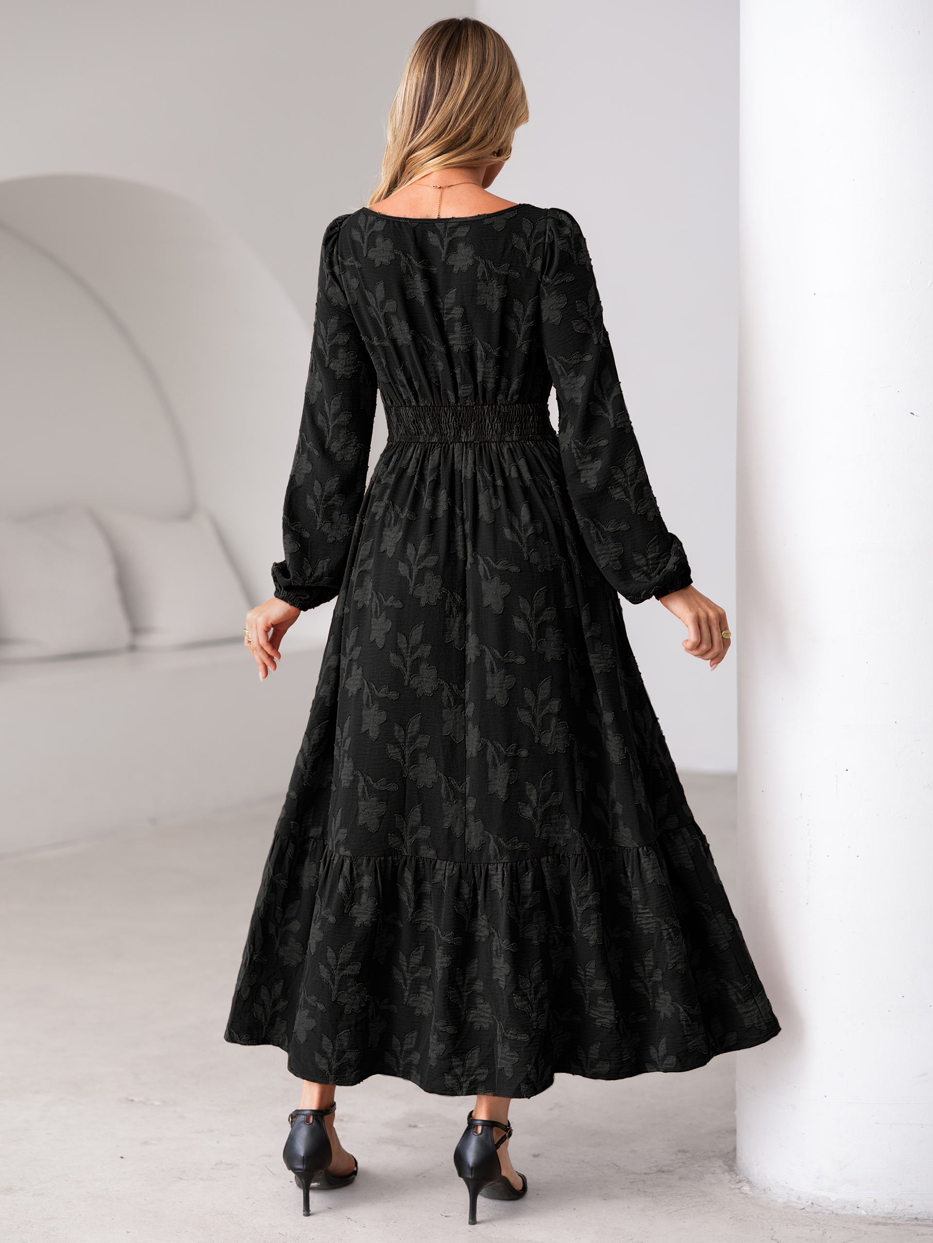 Burnout Floral Print Twist Front Long Sleeve Maxi Dress