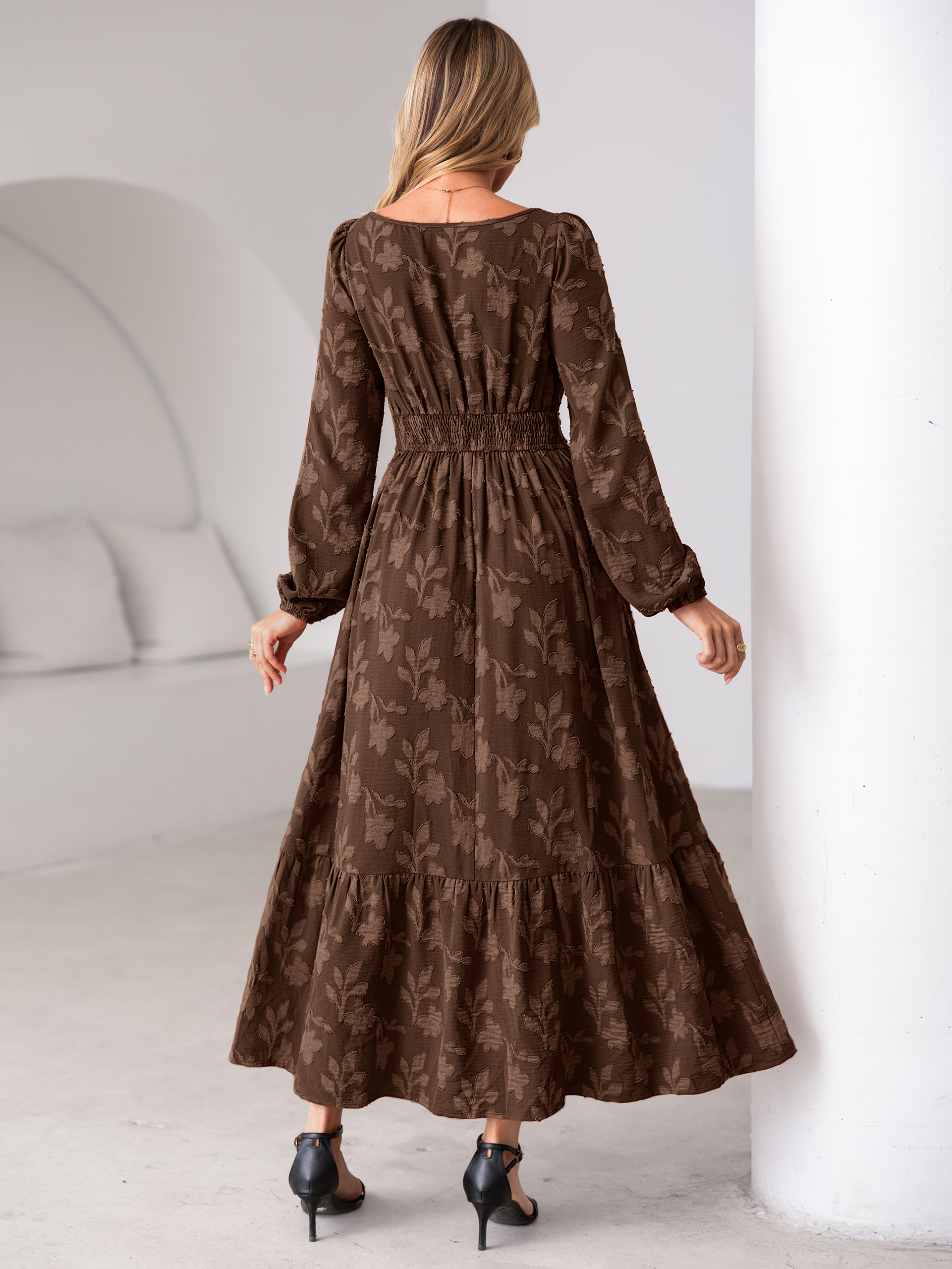 Burnout Floral Print Twist Front Long Sleeve Maxi Dress