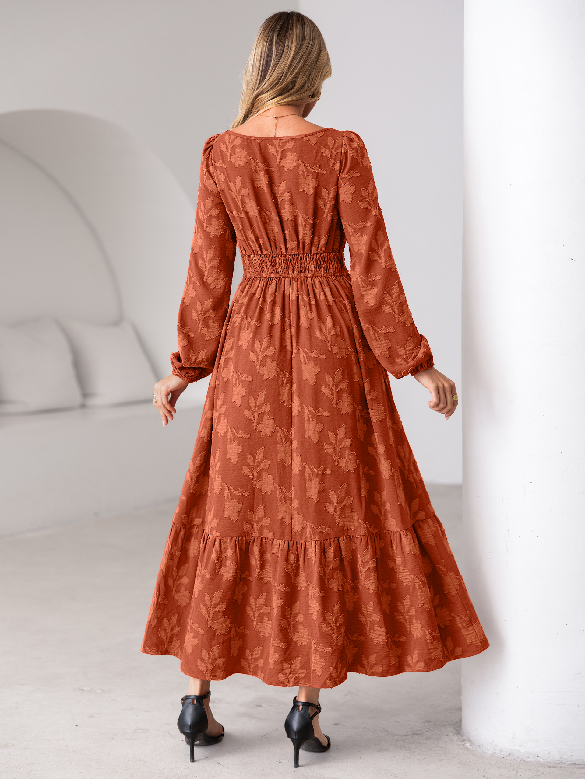 Burnout Floral Print Twist Front Long Sleeve Maxi Dress