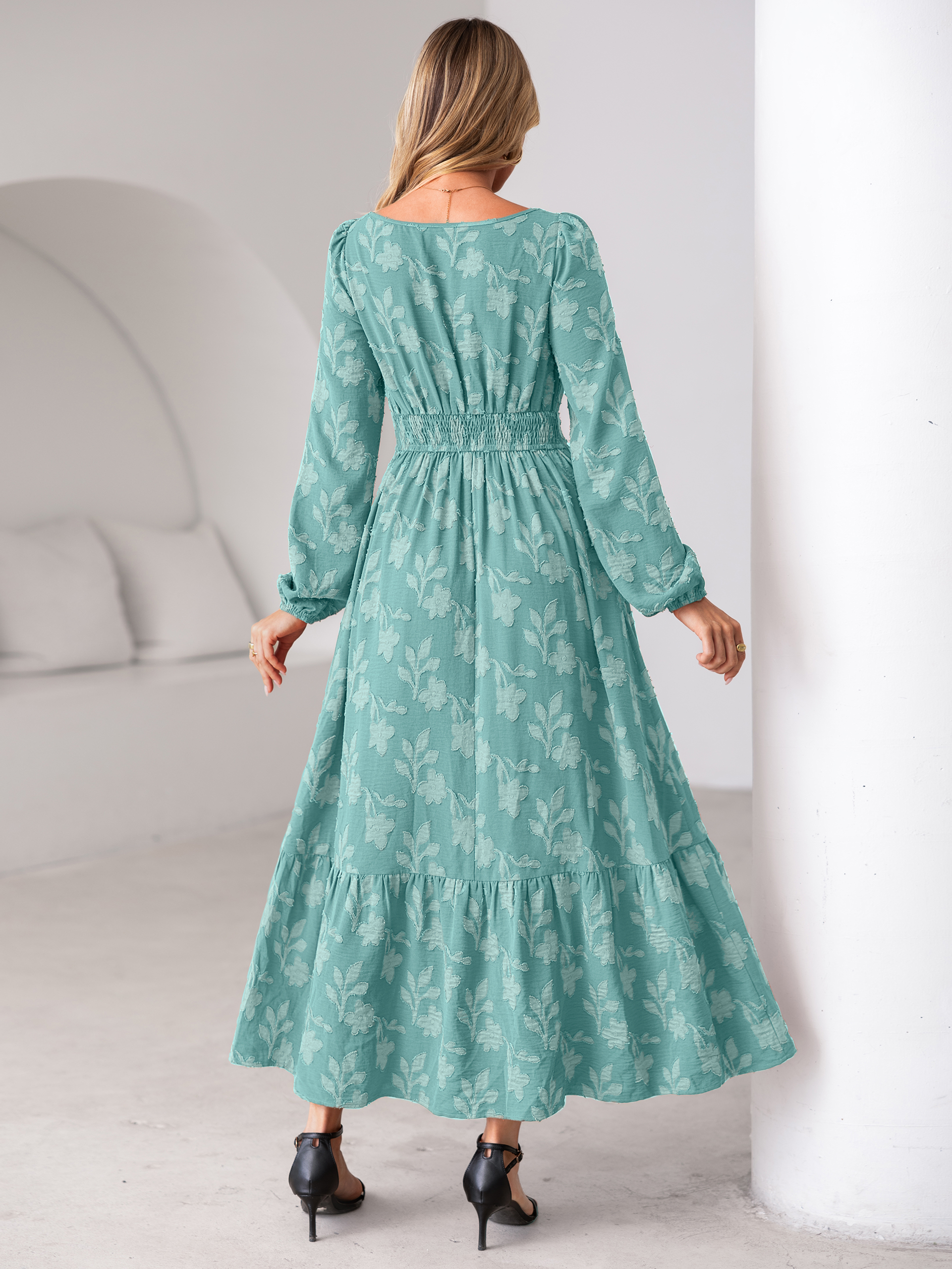 Burnout Floral Print Twist Front Long Sleeve Maxi Dress