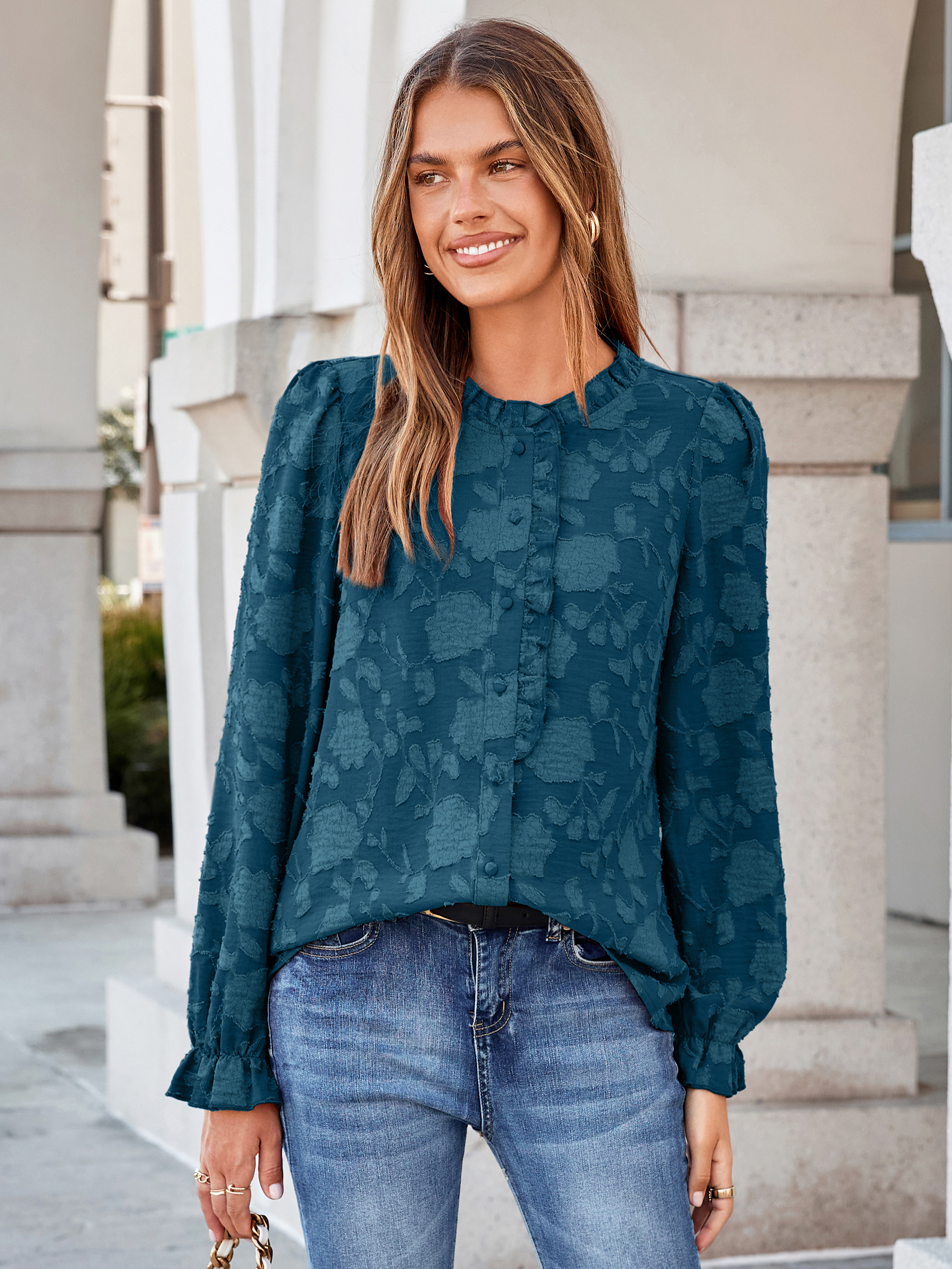 Frilled Ruffle Trim Burnout Floral Long Sleeve Blouse - Lake Blue