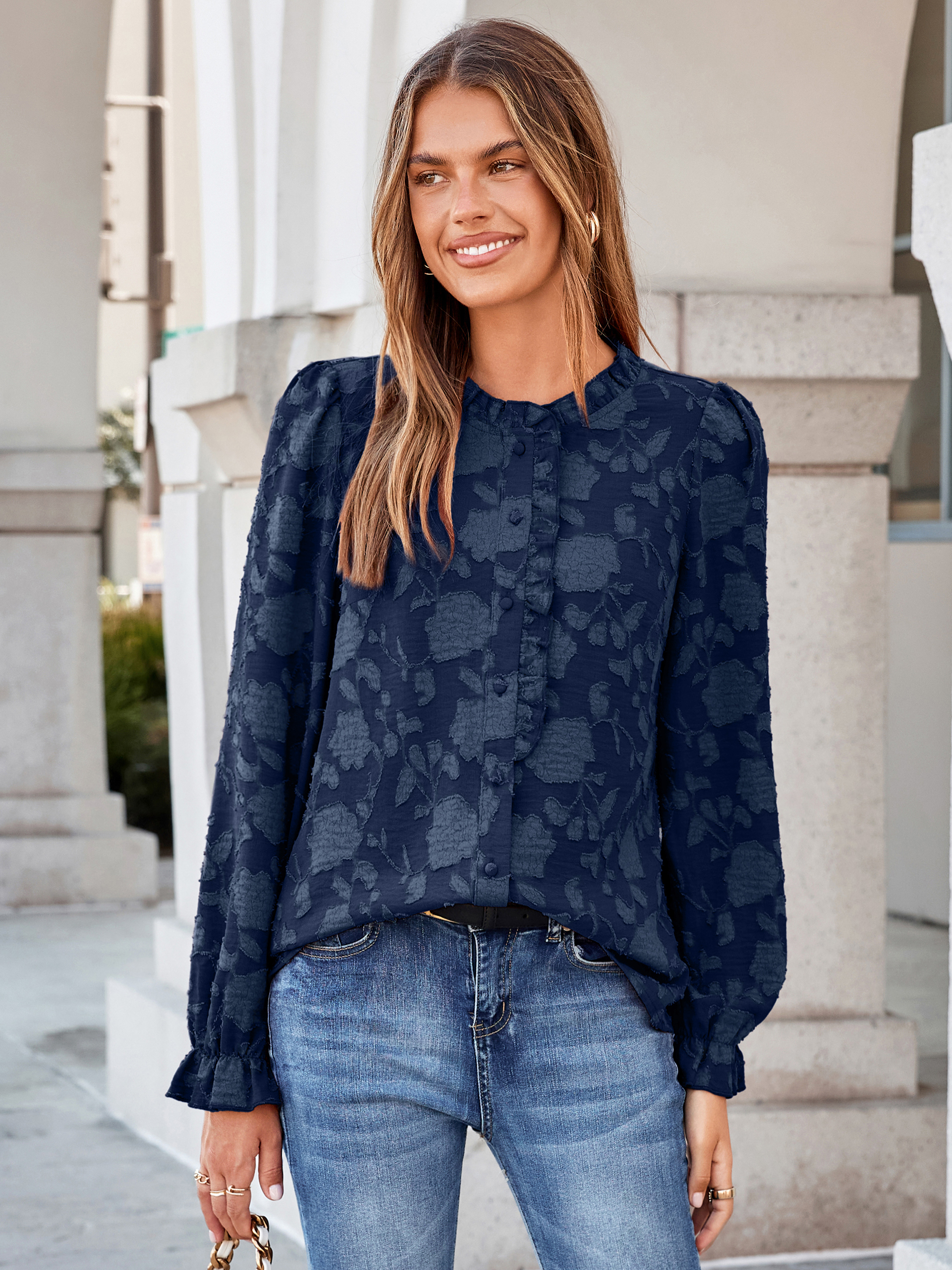 Frilled Ruffle Trim Burnout Floral Long Sleeve Blouse - Navy Blue