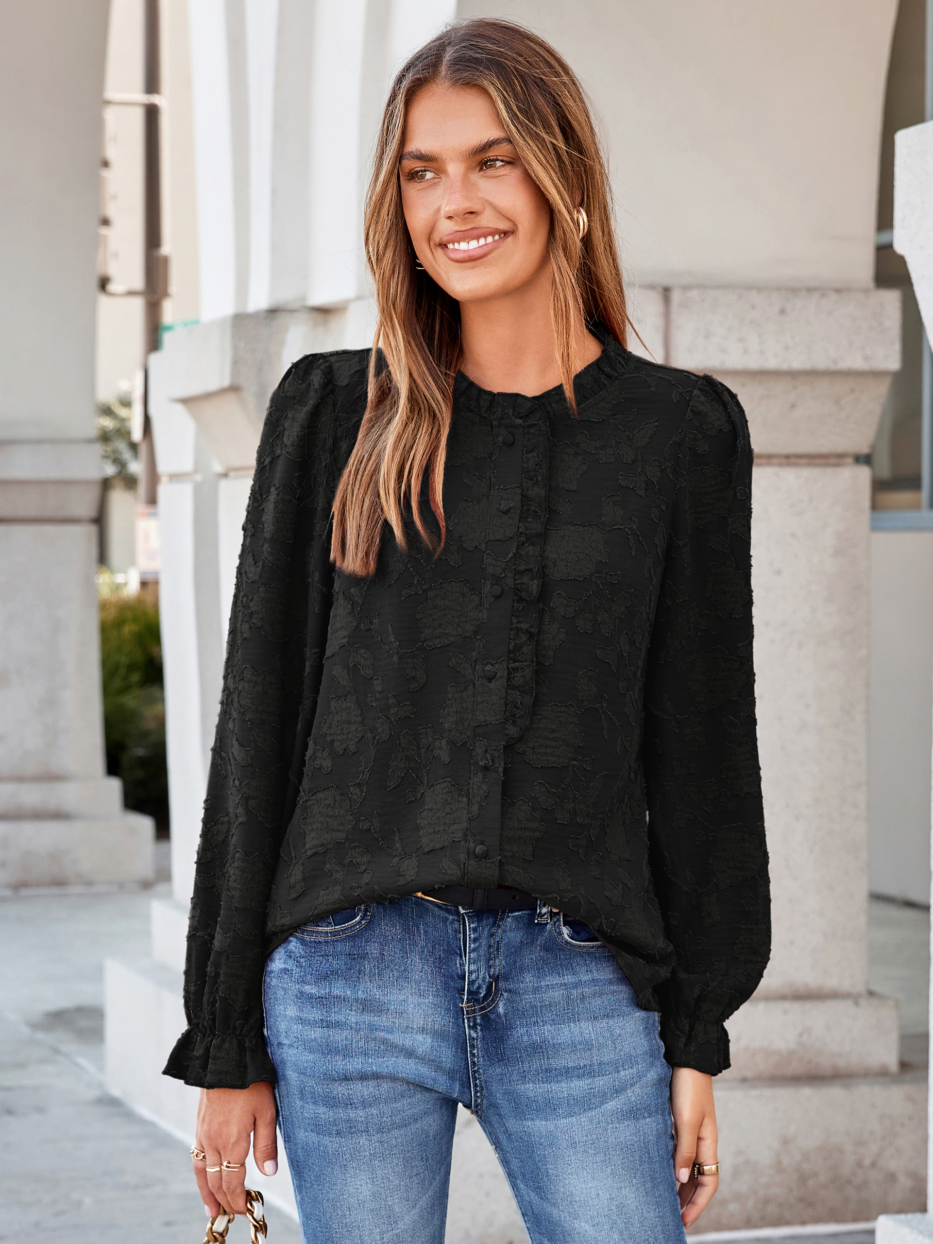Frilled Ruffle Trim Burnout Floral Long Sleeve Blouse - Black
