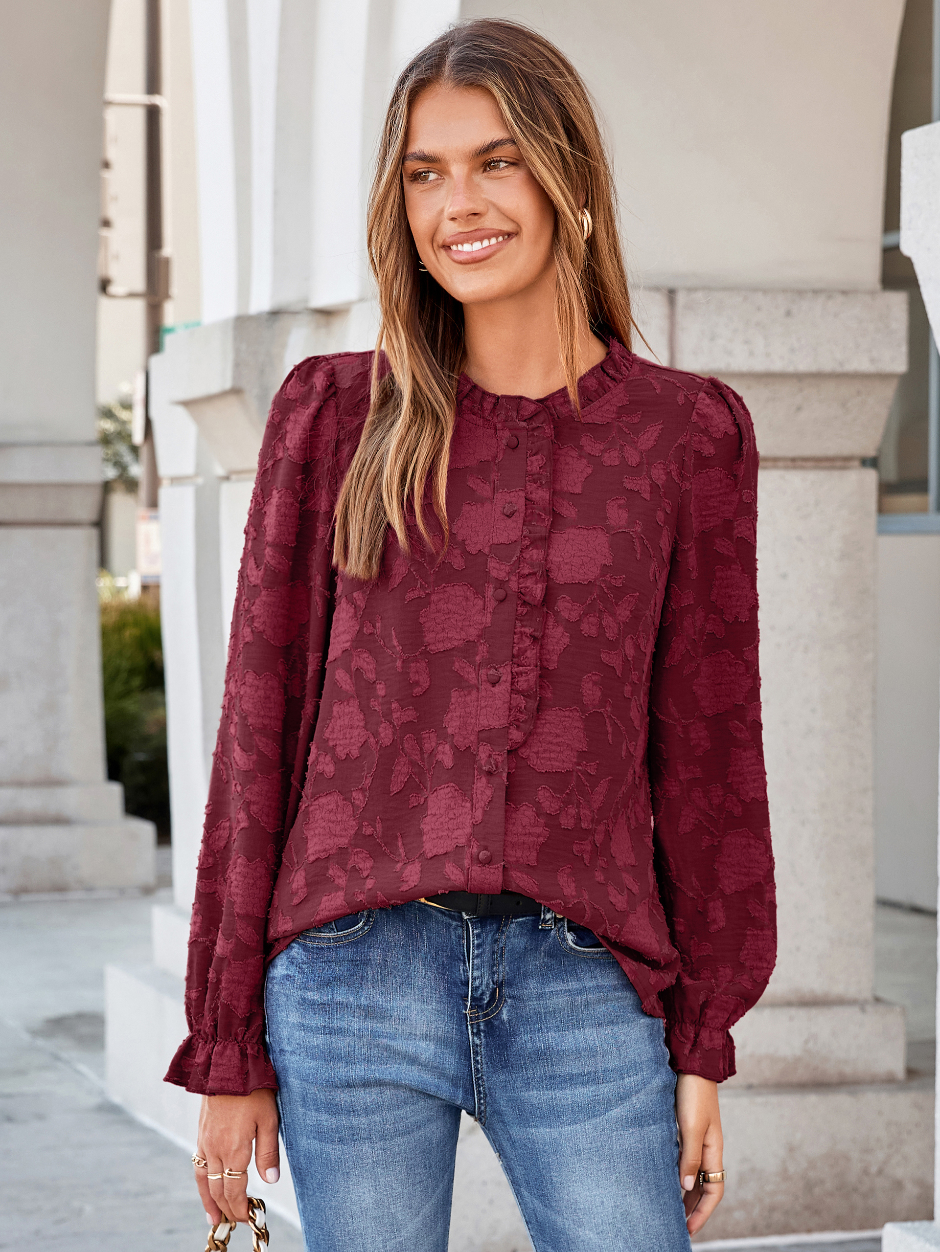 Frilled Ruffle Trim Burnout Floral Long Sleeve Blouse - Wine Red