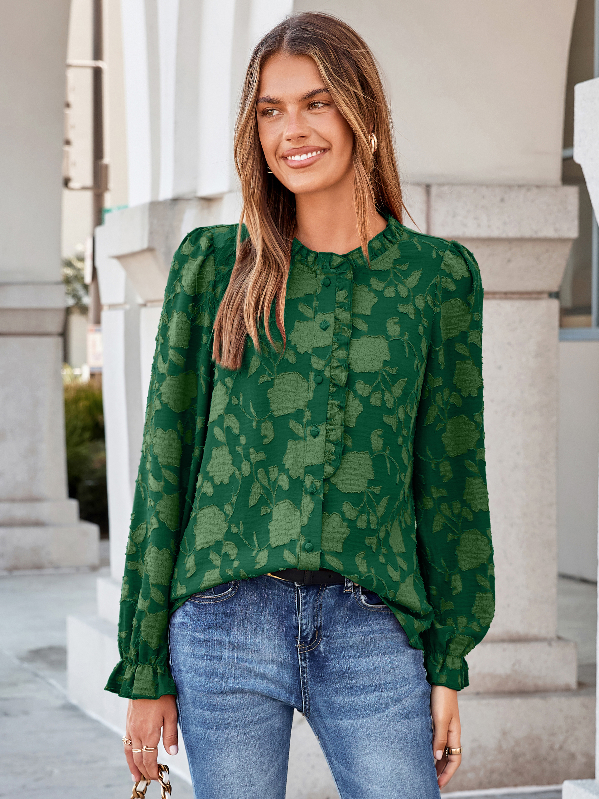 Frilled Ruffle Trim Burnout Floral Long Sleeve Blouse - Dark Green
