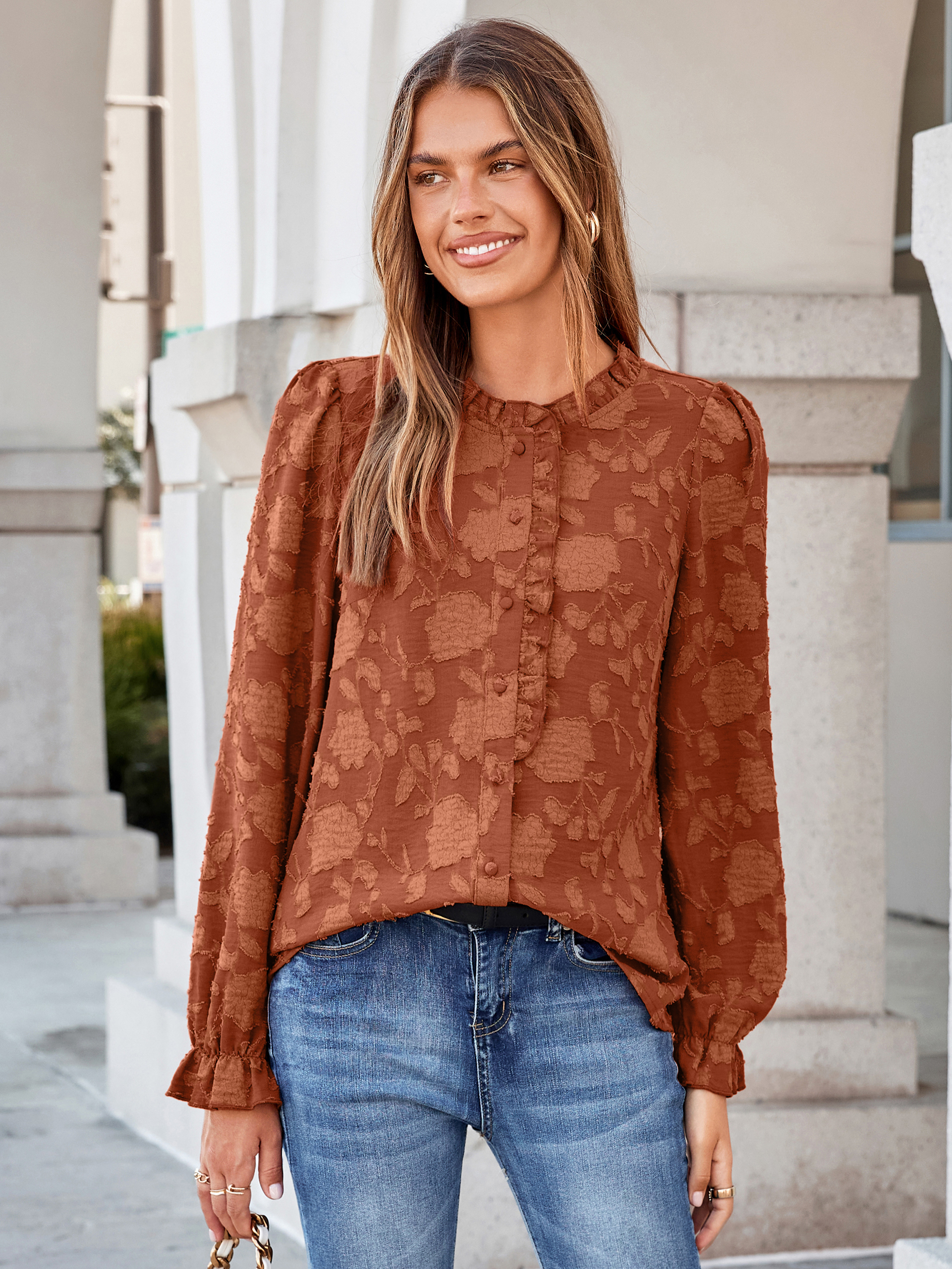 Frilled Ruffle Trim Burnout Floral Long Sleeve Blouse - Orange
