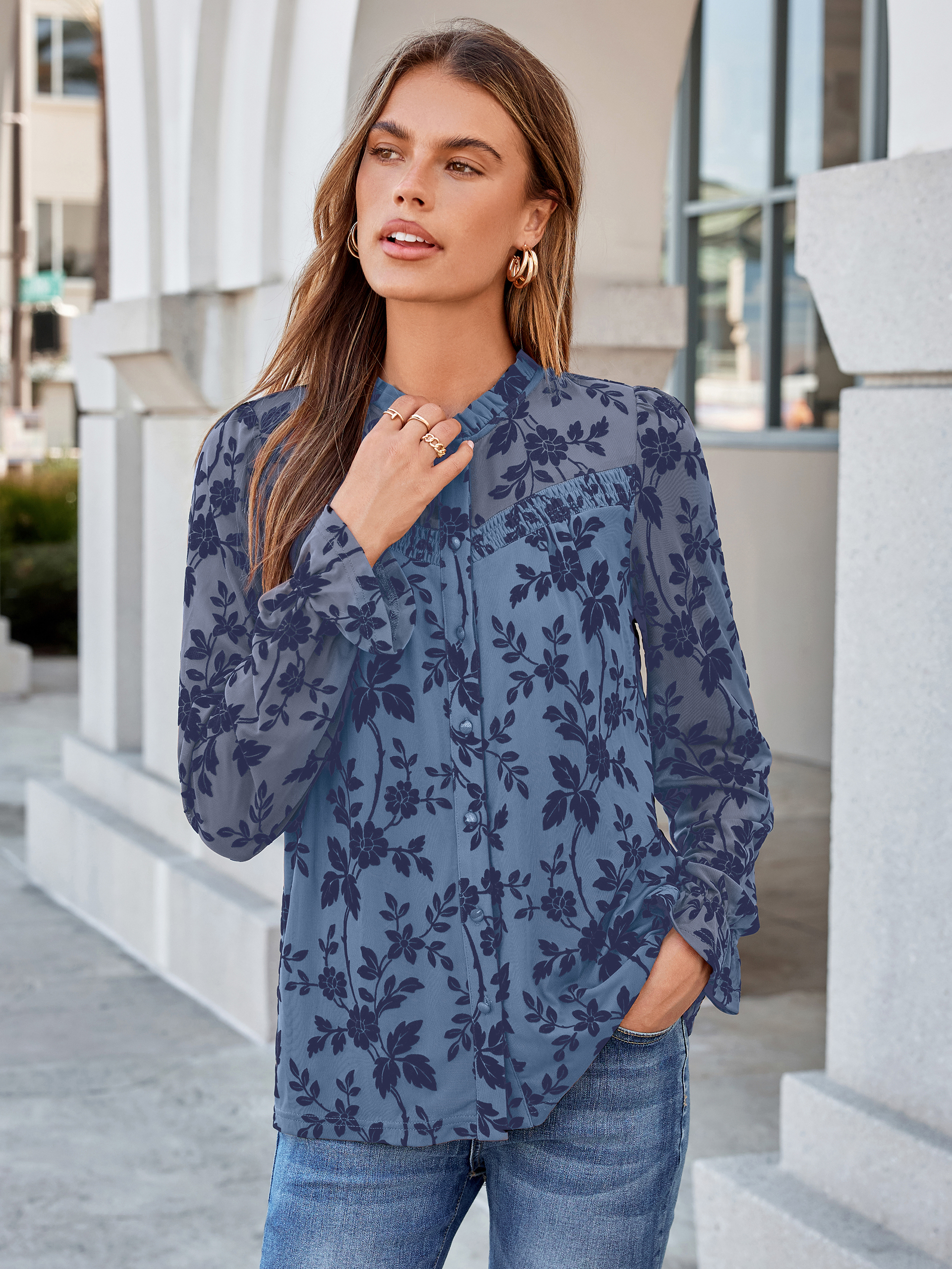 Flocked Floral Ruffled Mesh Long Sleeve Blouse