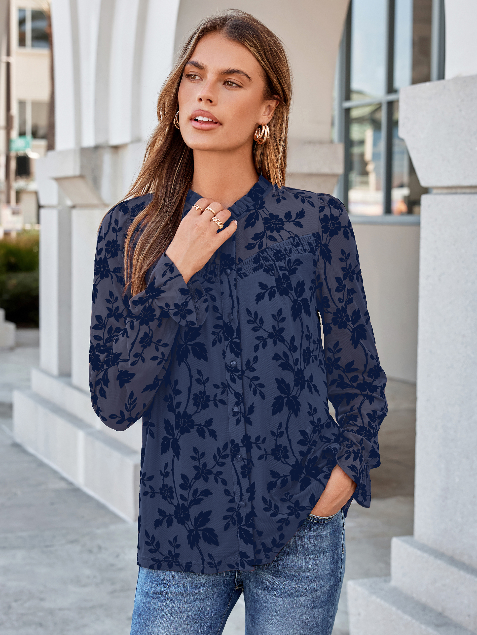Flocked Floral Ruffled Mesh Long Sleeve Blouse