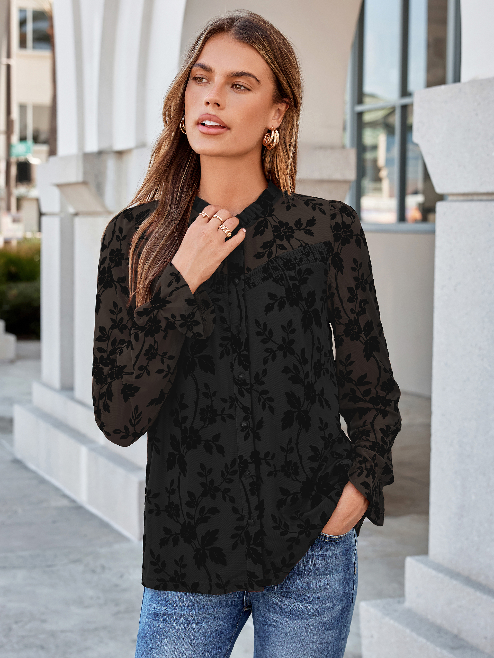 Flocked Floral Ruffled Mesh Long Sleeve Blouse