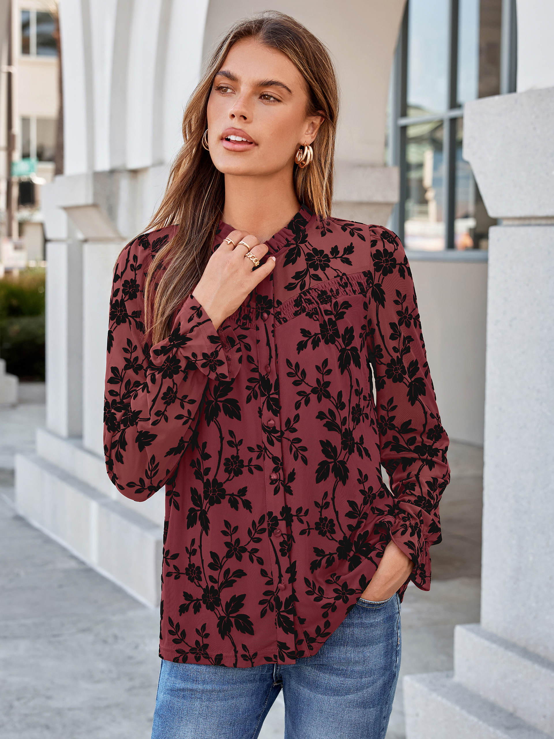 Flocked Floral Ruffled Mesh Long Sleeve Blouse