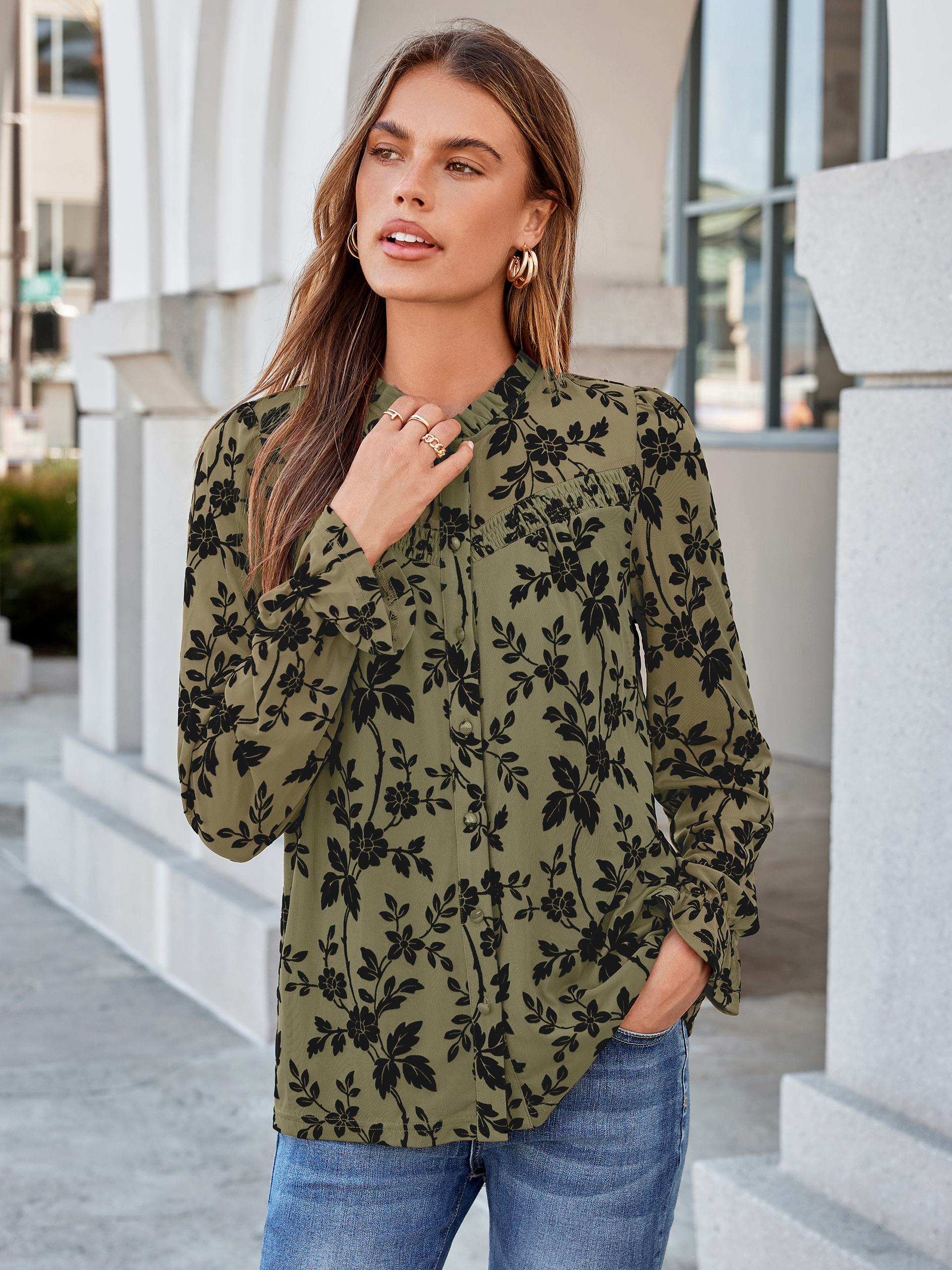 Flocked Floral Ruffled Mesh Long Sleeve Blouse