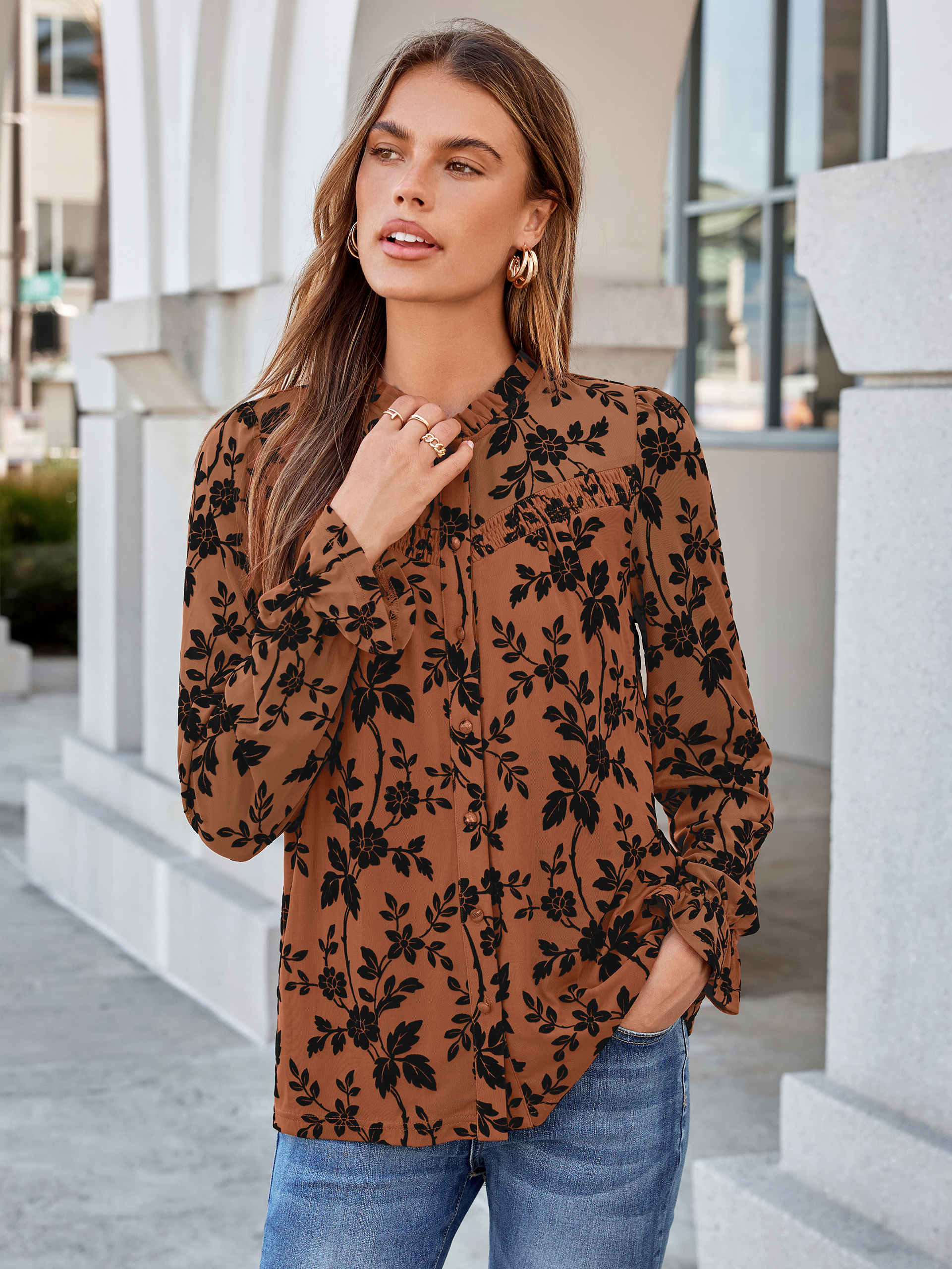 Flocked Floral Ruffled Mesh Long Sleeve Blouse