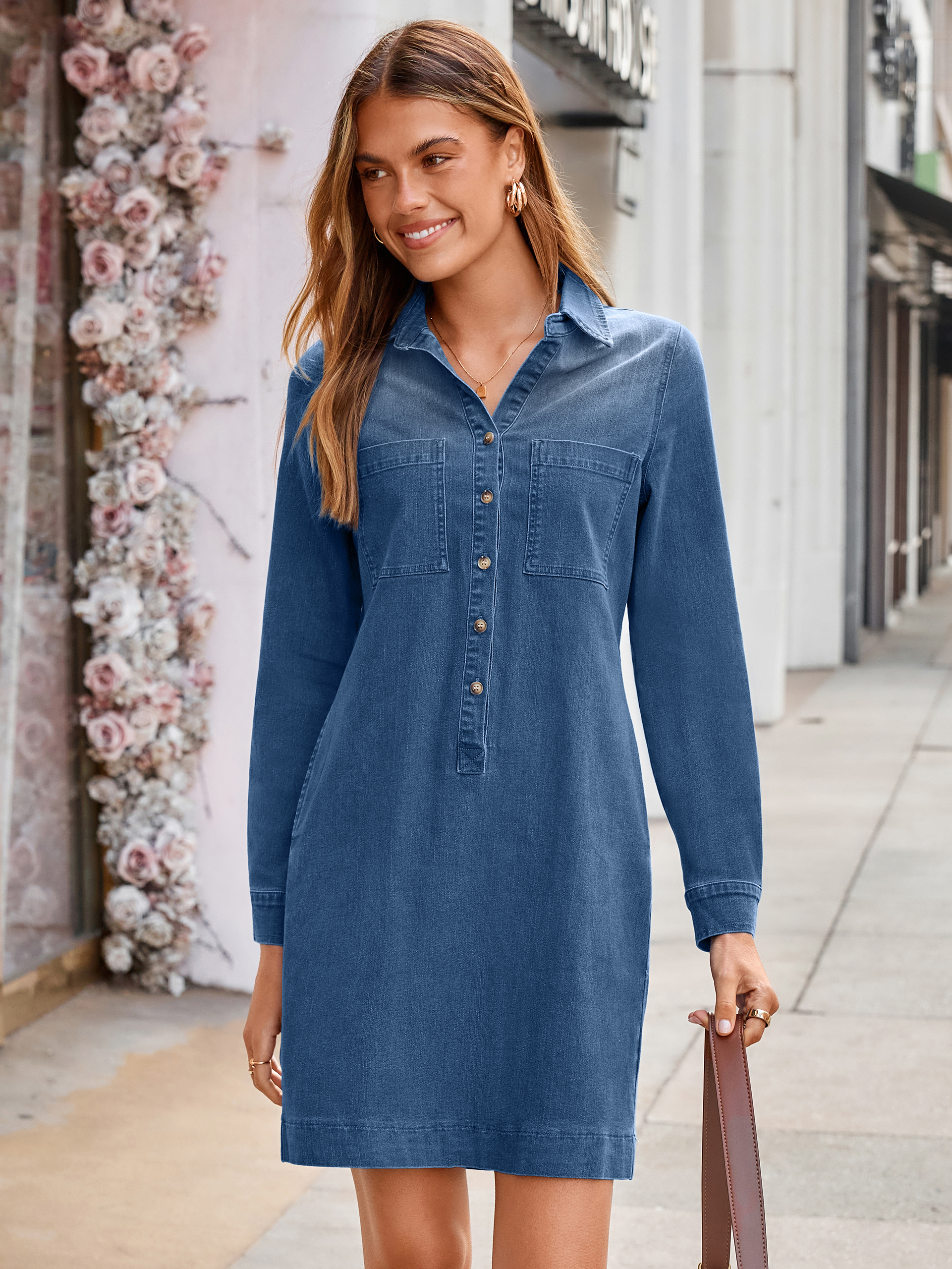 Long Sleeve Pocket Denim Mini Shirt Dress