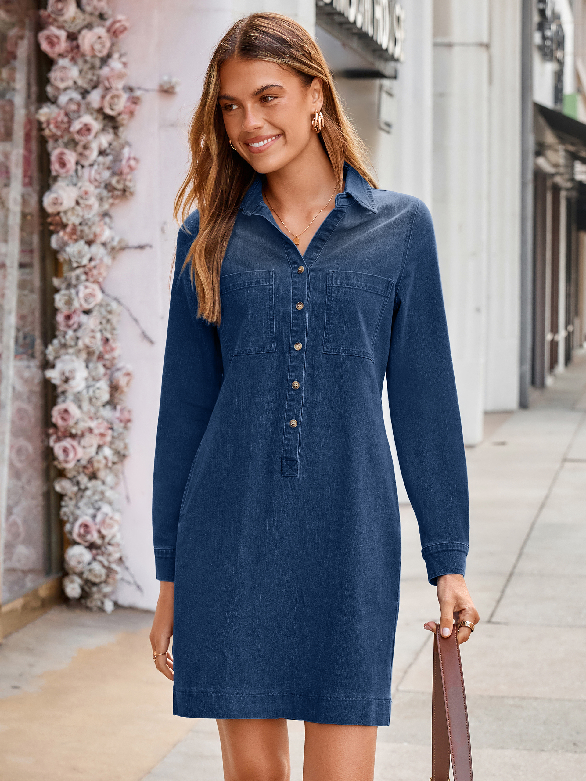 Long Sleeve Pocket Denim Mini Shirt Dress