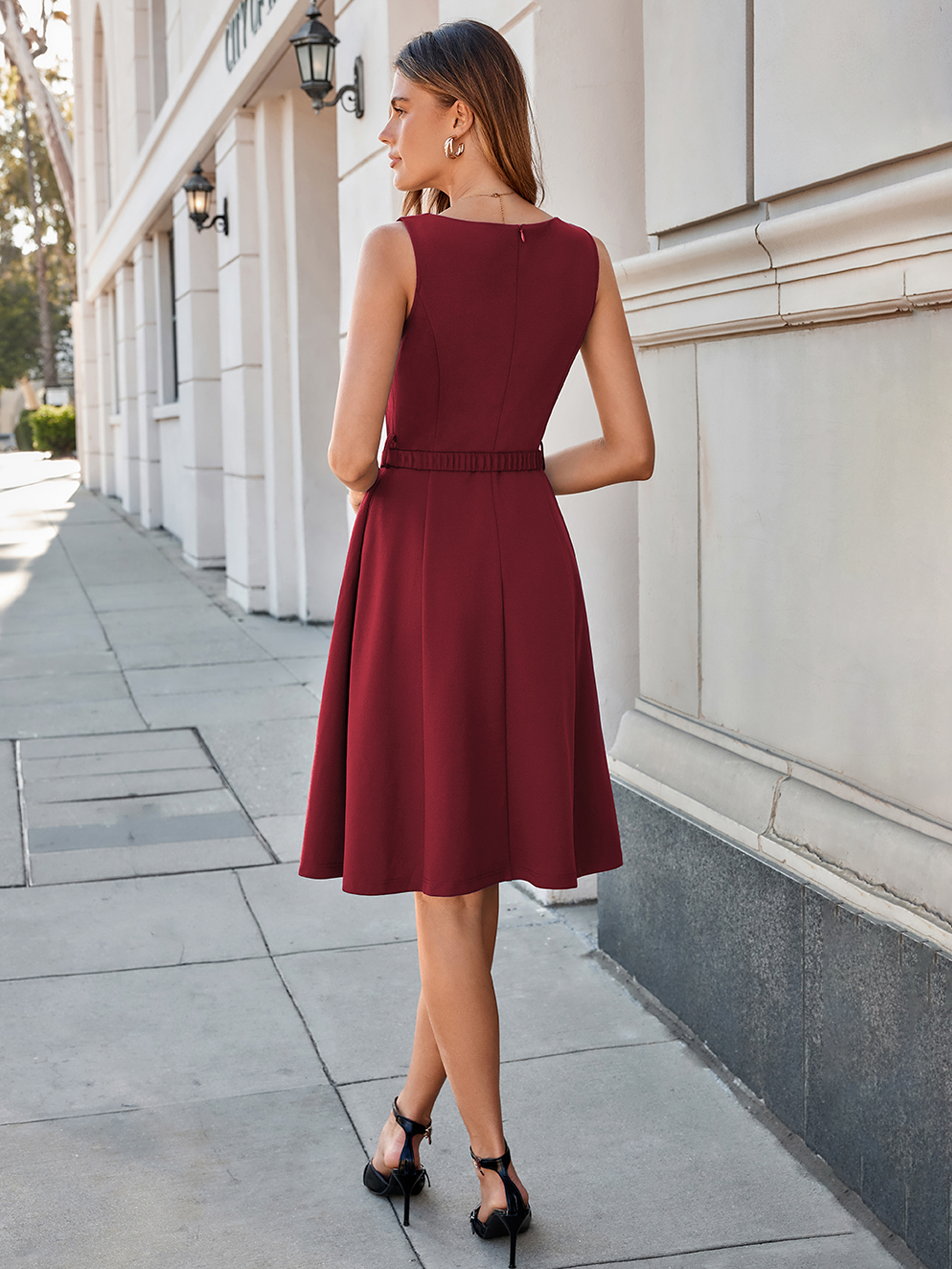 Belted A-Line Sleeveless Work Midi Dress