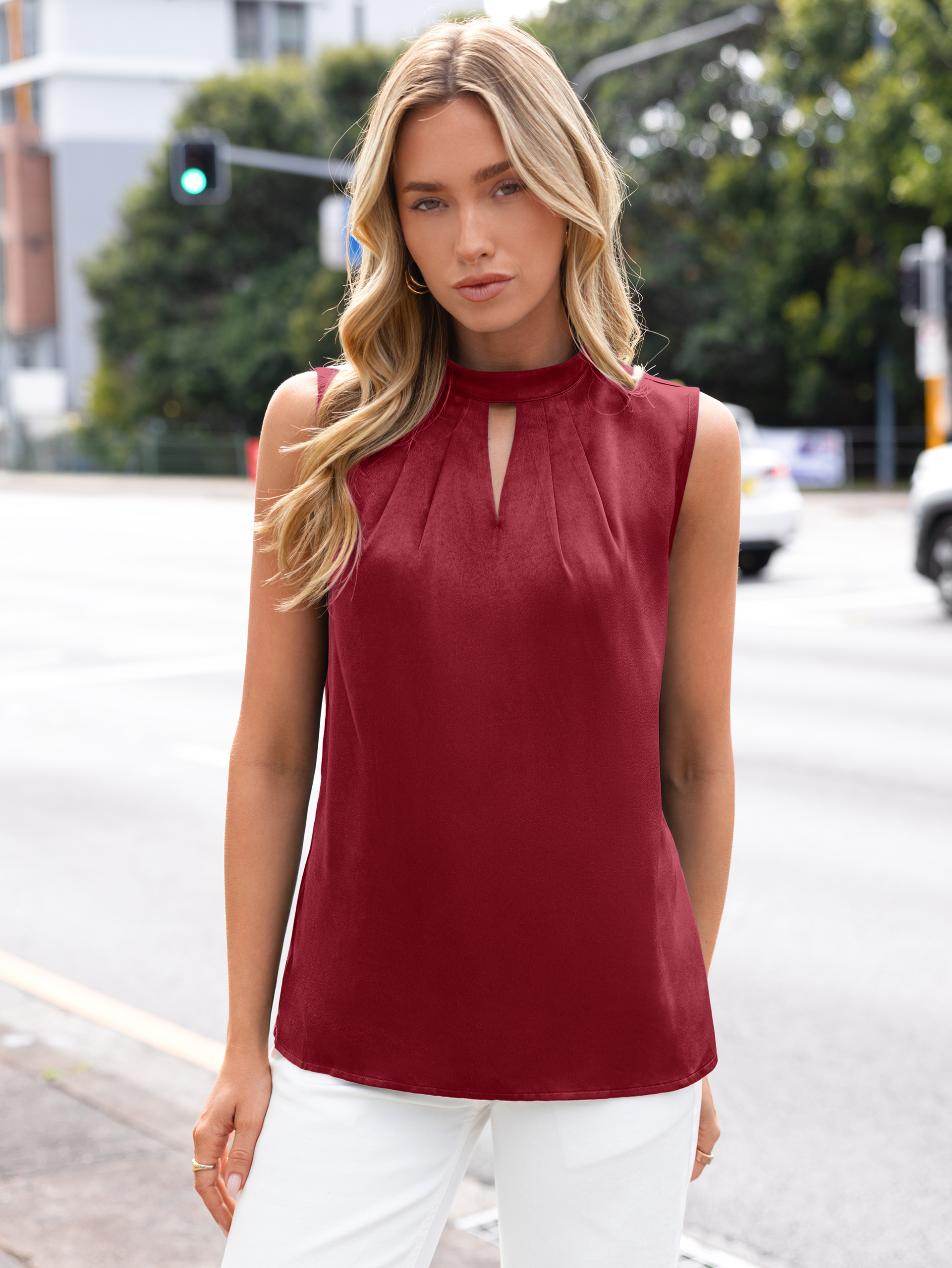 Satin Mock Neck Keyhole Tank Tops