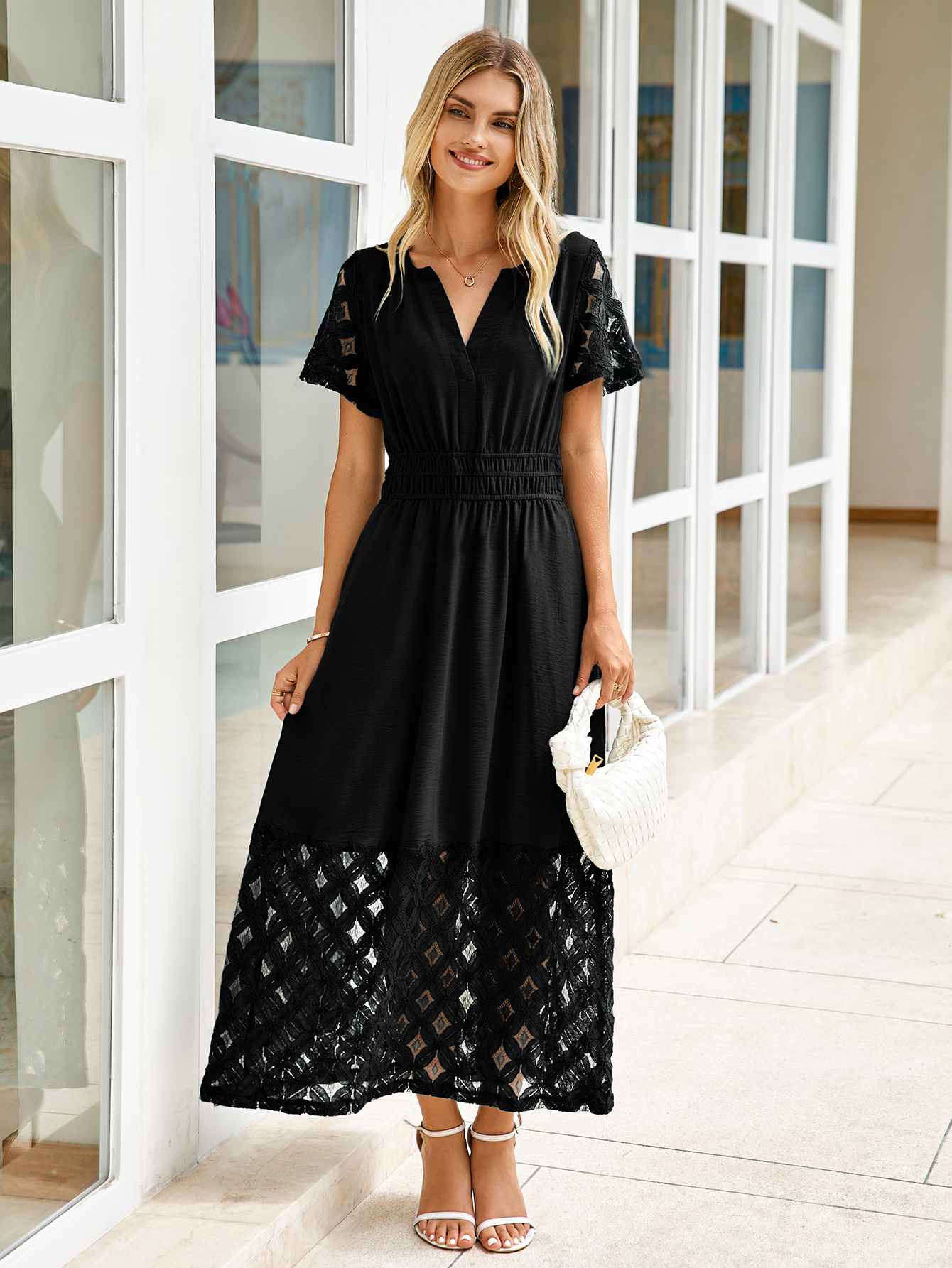 Lace Boho V Neck Short Sleeve Tiered Maxi Dress - Black