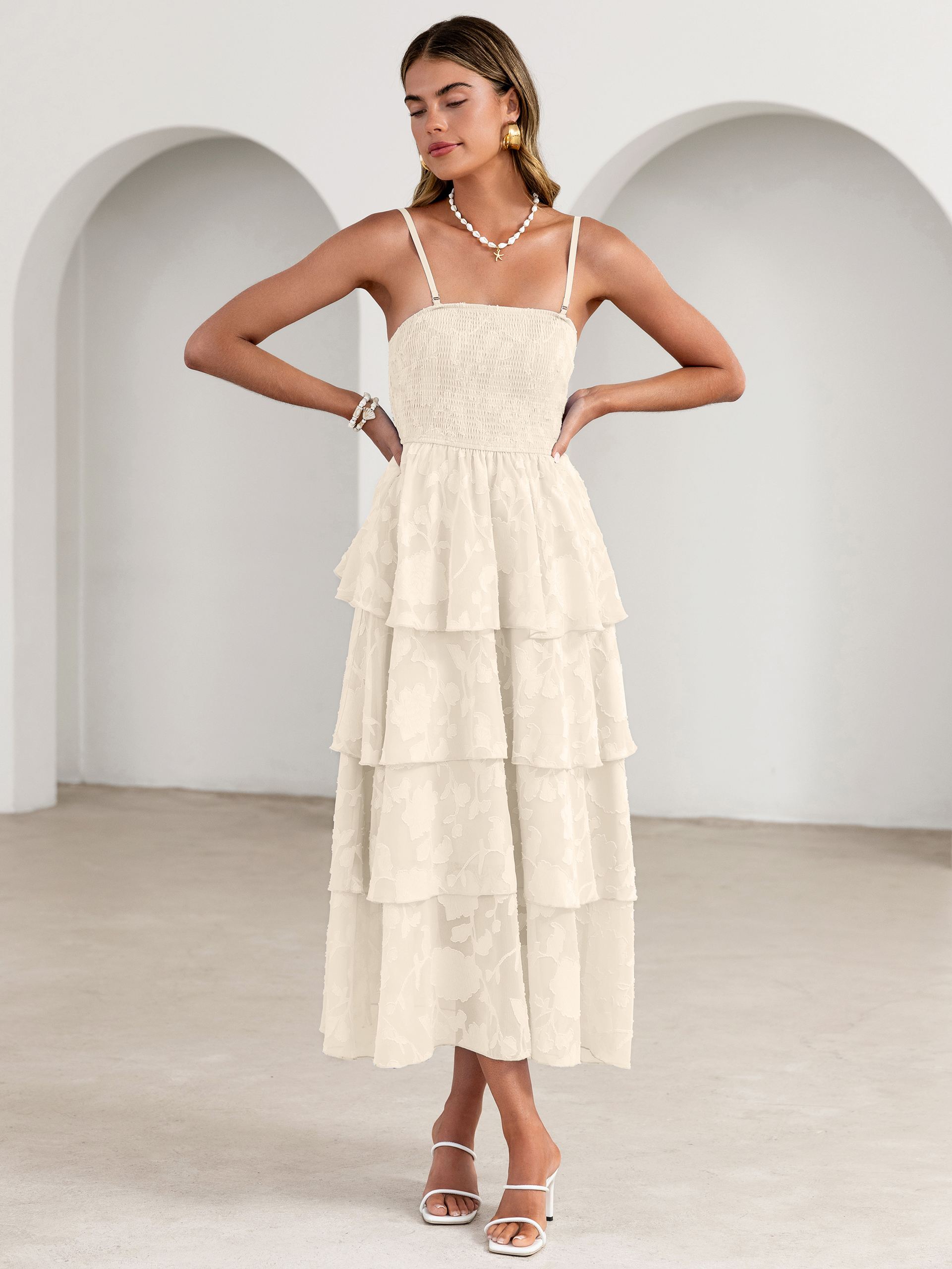 Floral Strapless Smocked Tiered Maxi Dress - Beige