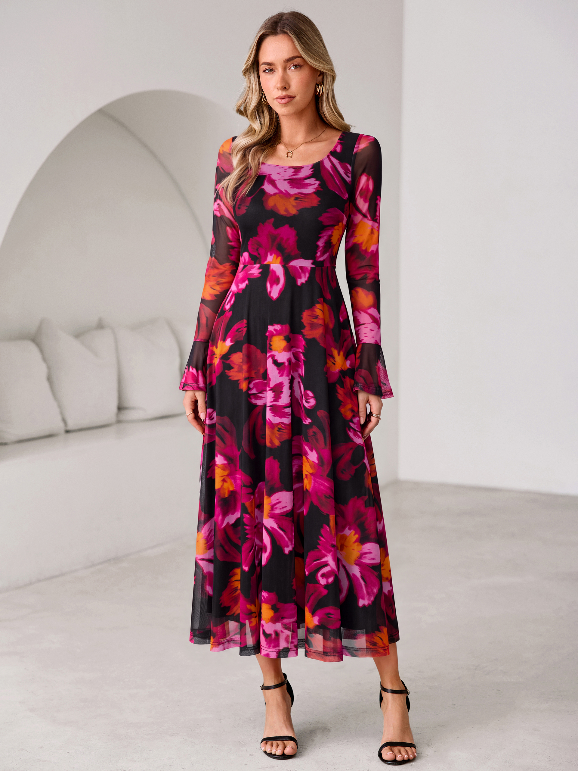 Square Neck Floral Mesh Bell Sleeve Maxi Dress