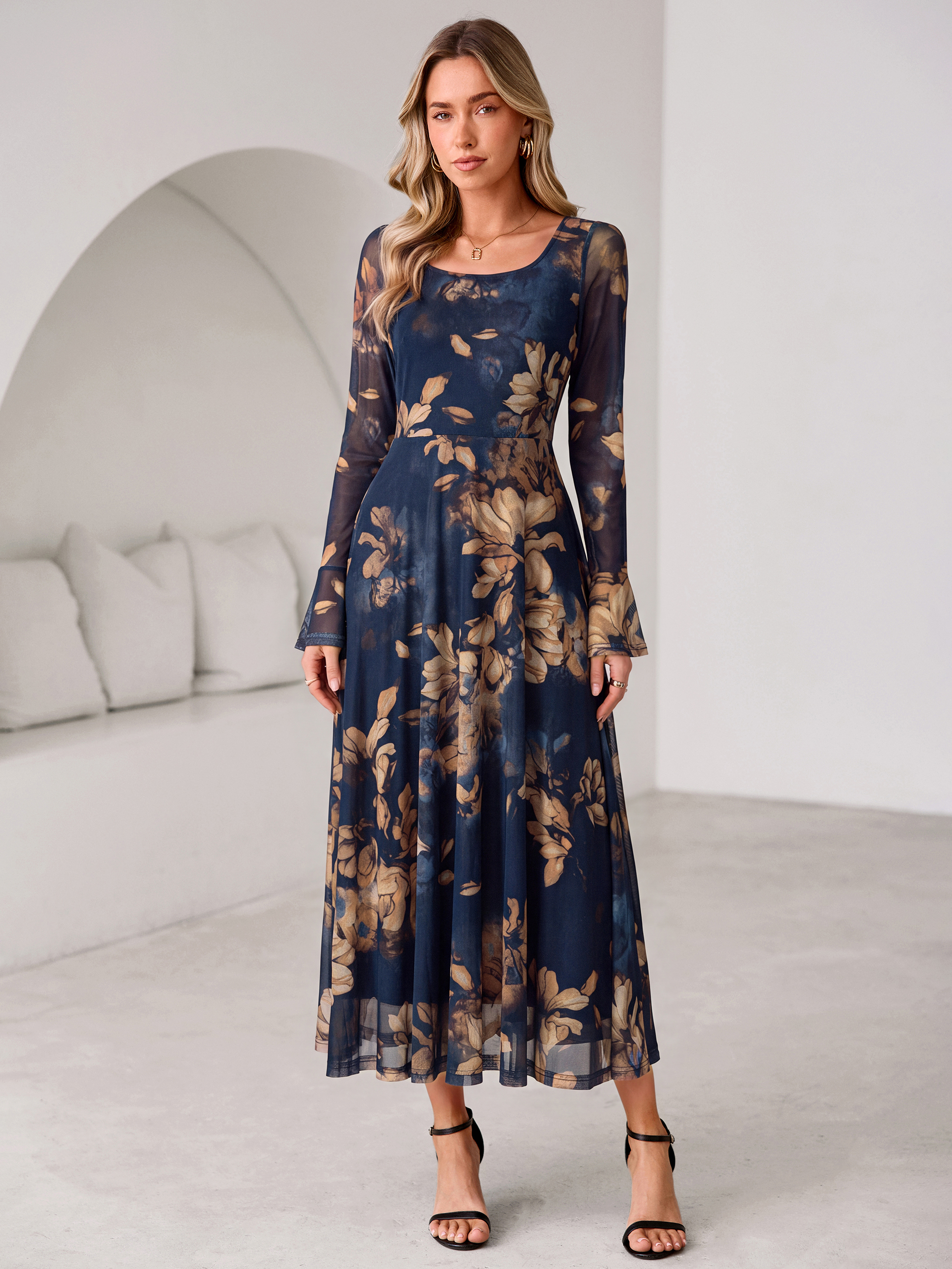 Square Neck Floral Mesh Bell Sleeve Maxi Dress