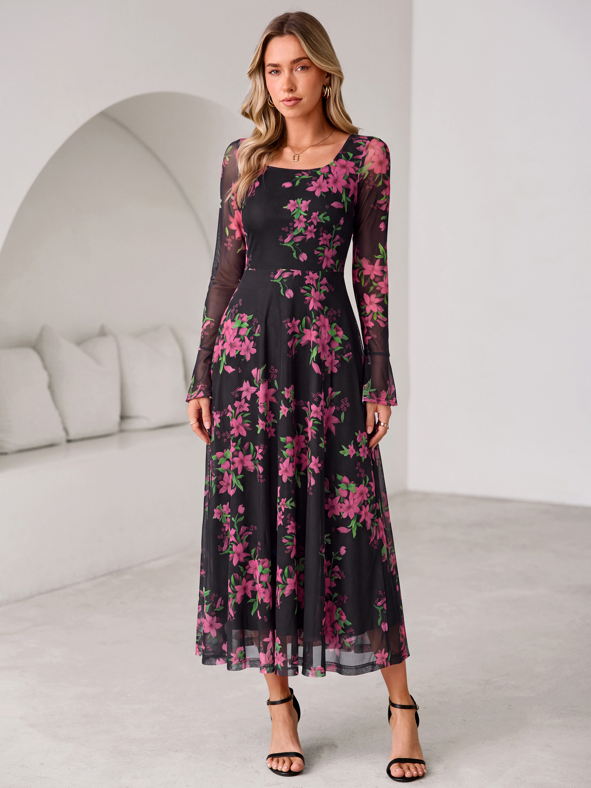 Square Neck Floral Mesh Bell Sleeve Maxi Dress
