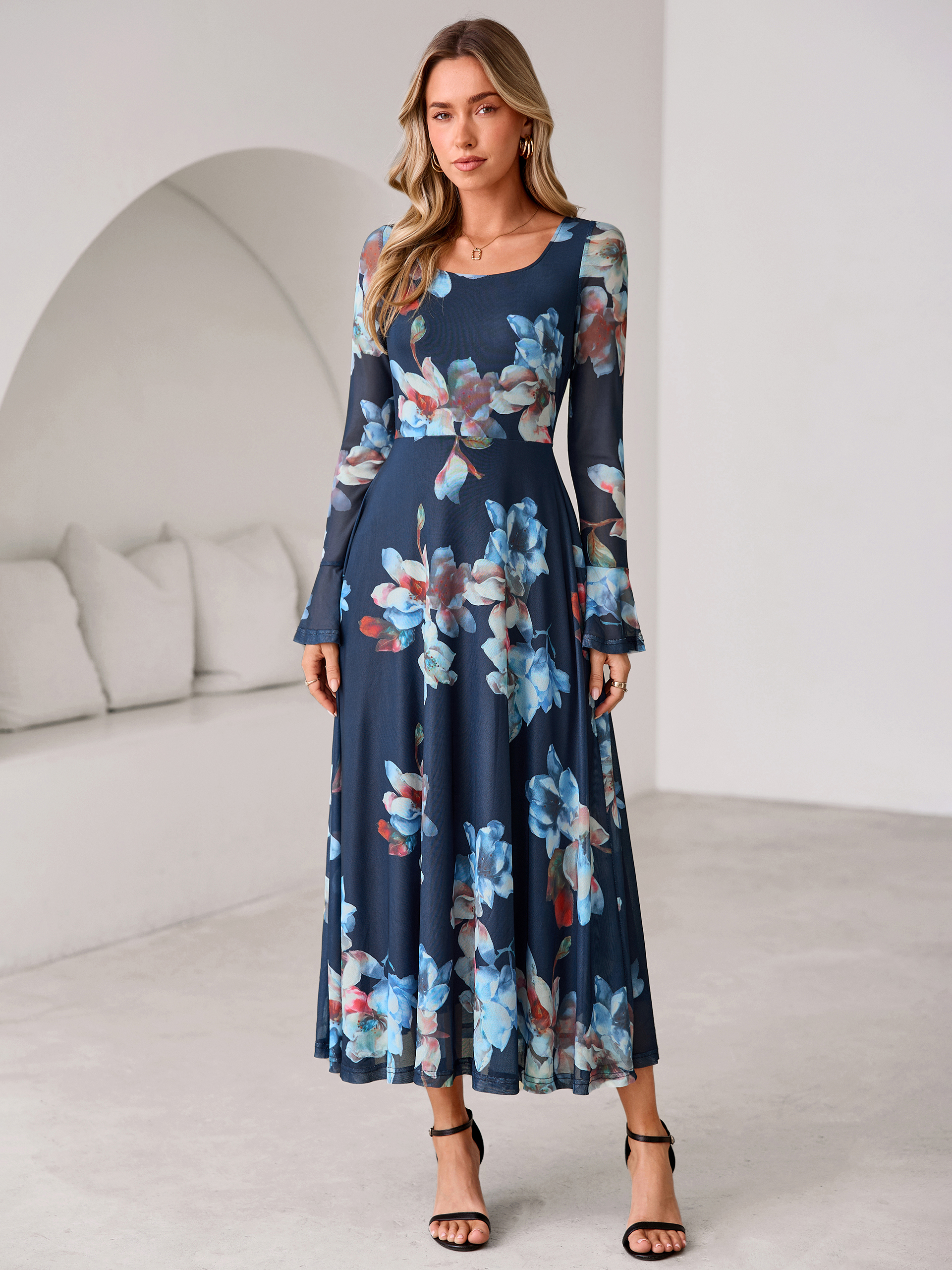 Square Neck Floral Mesh Bell Sleeve Maxi Dress