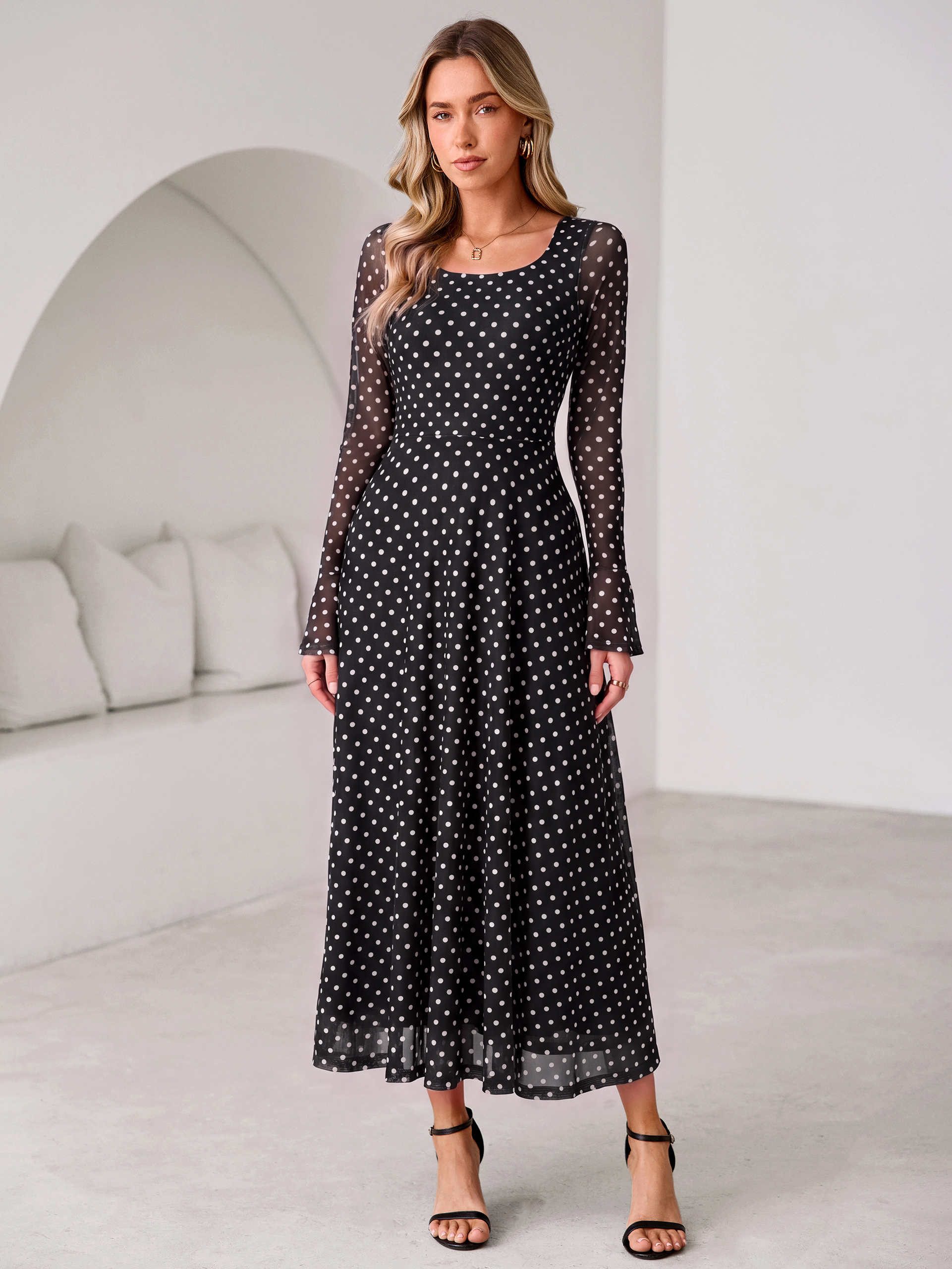 Polka Dot Print Square Neck Mesh Maxi Dress