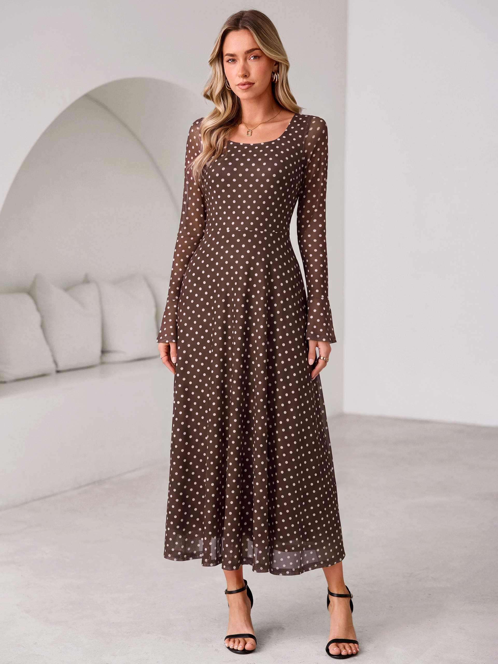 Polka Dot Print Square Neck Mesh Maxi Dress