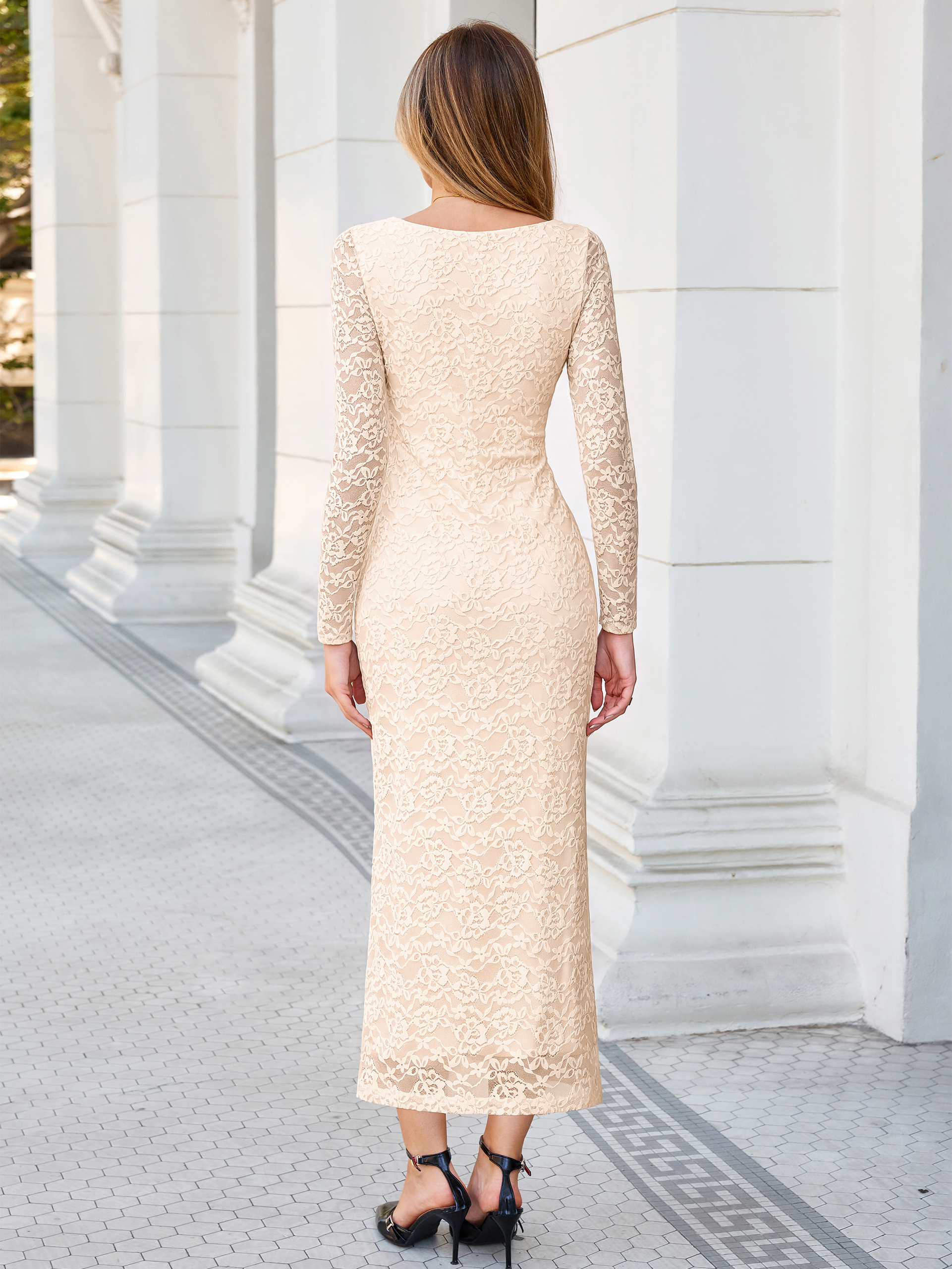 Textured Floral Lace Long Sleeve Maxi Dress