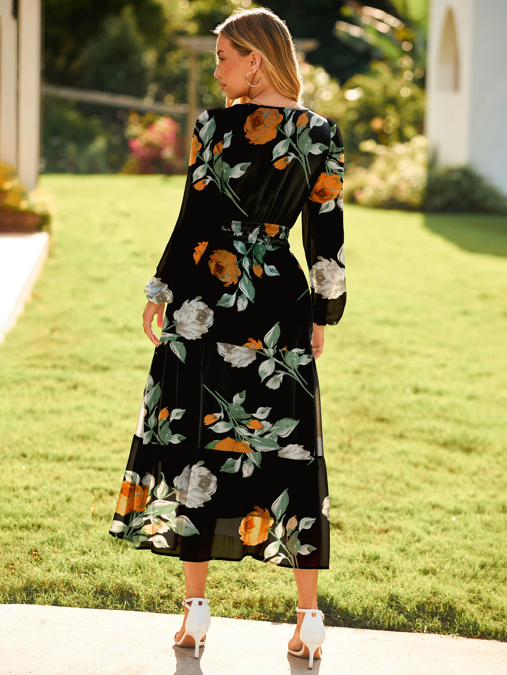 Boho Floral Long Sleeve Wedding Guest Maxi Dress - Black Floral