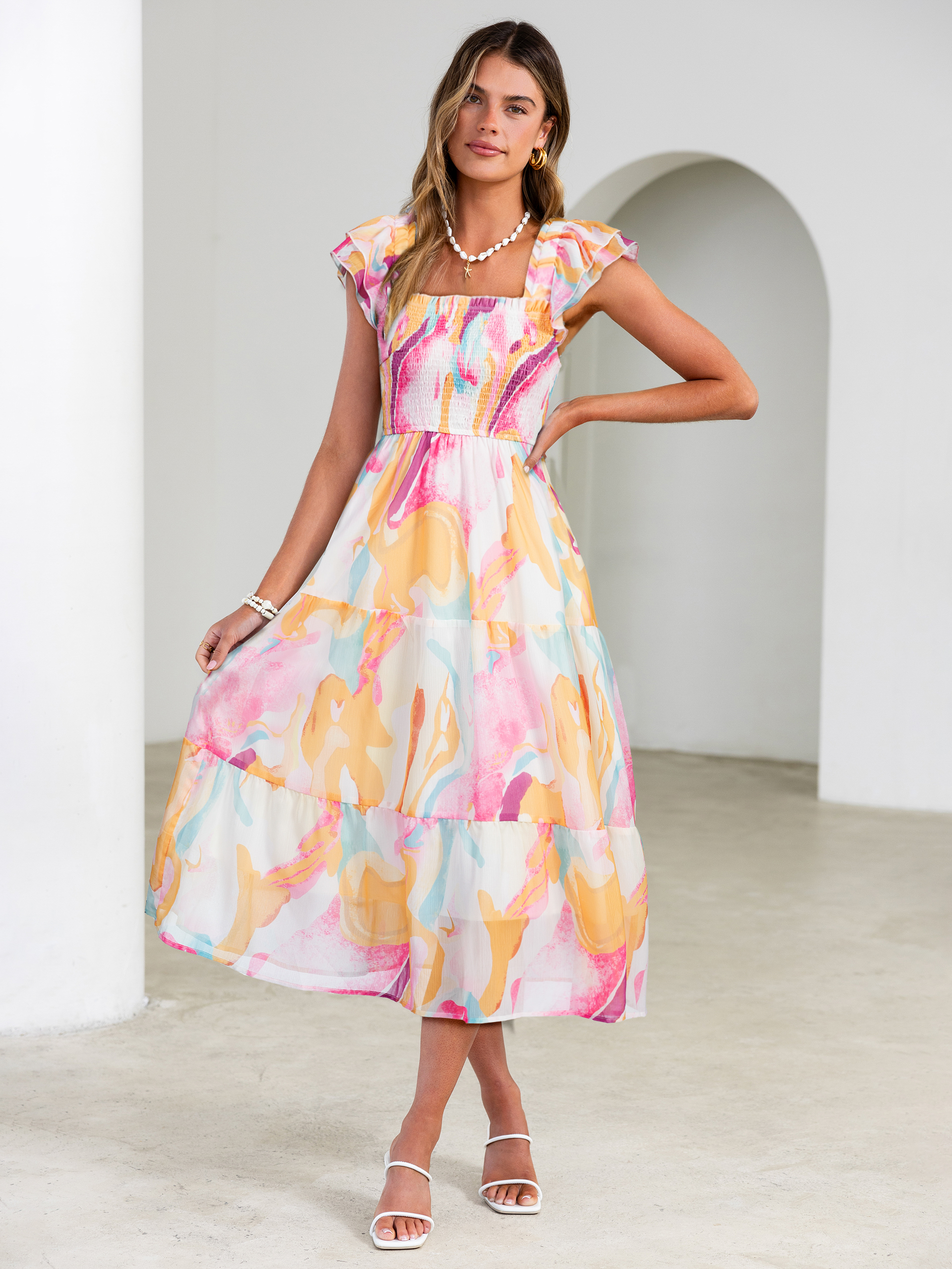 Floral Print Smocked Tiered Maxi Dress - Pink Orange Floral