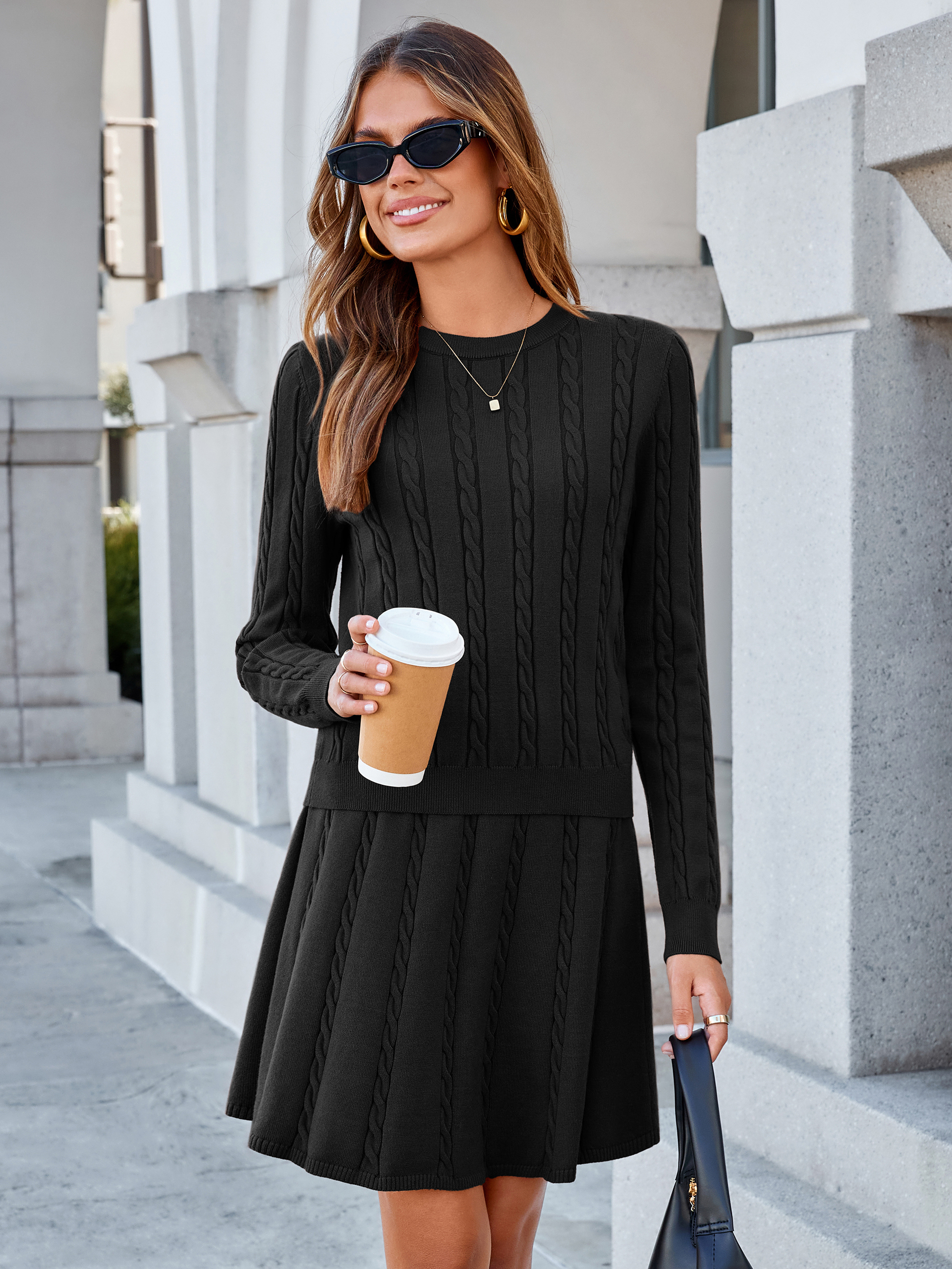 Cable Knit Long Sleeve Sweater Pleated Mini Skirt Set