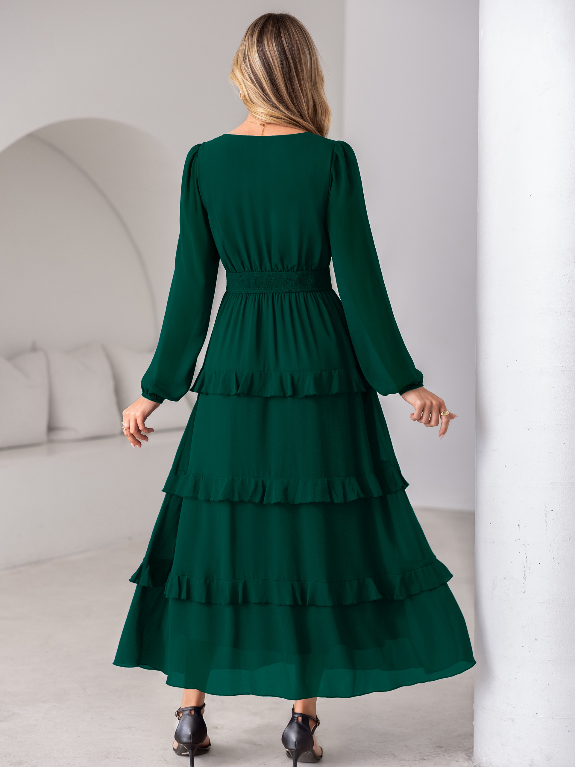 V-Neck Smocked Waist Tiered Ruffle Chiffon Maxi Dress