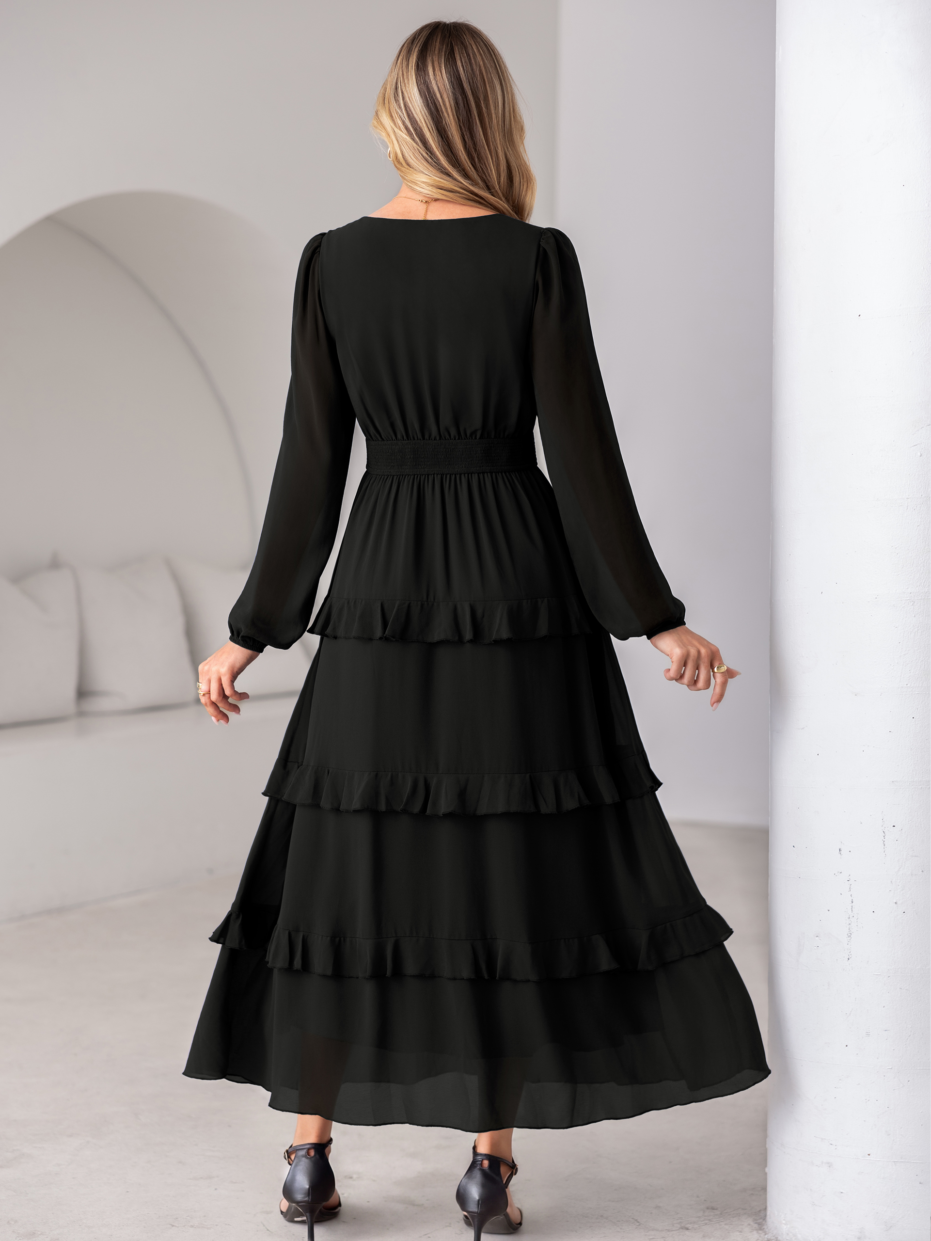V-Neck Smocked Waist Tiered Ruffle Chiffon Maxi Dress