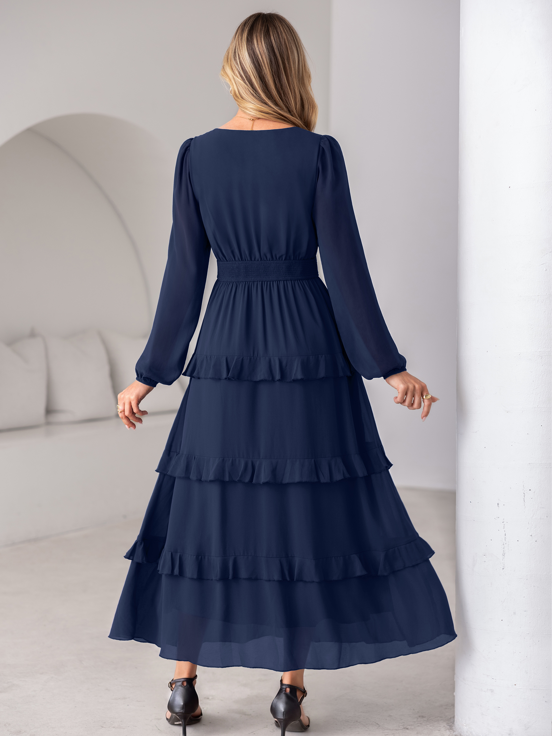 V-Neck Smocked Waist Tiered Ruffle Chiffon Maxi Dress
