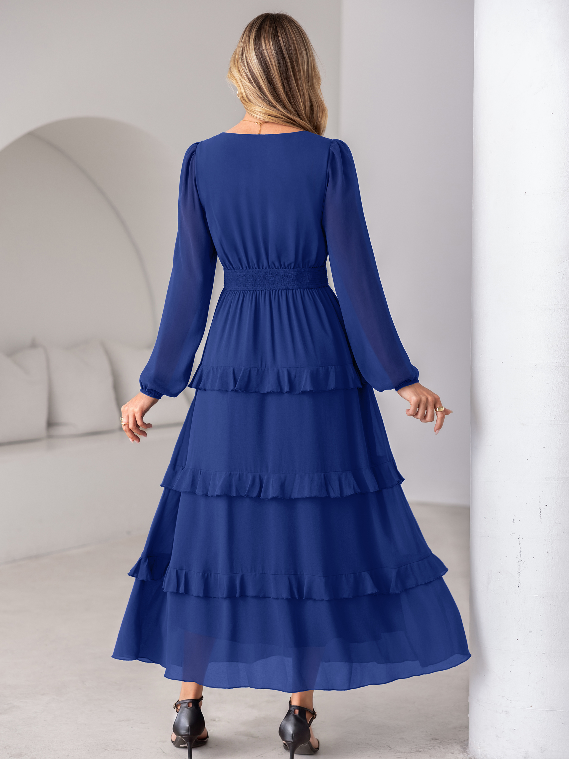 V-Neck Smocked Waist Tiered Ruffle Chiffon Maxi Dress