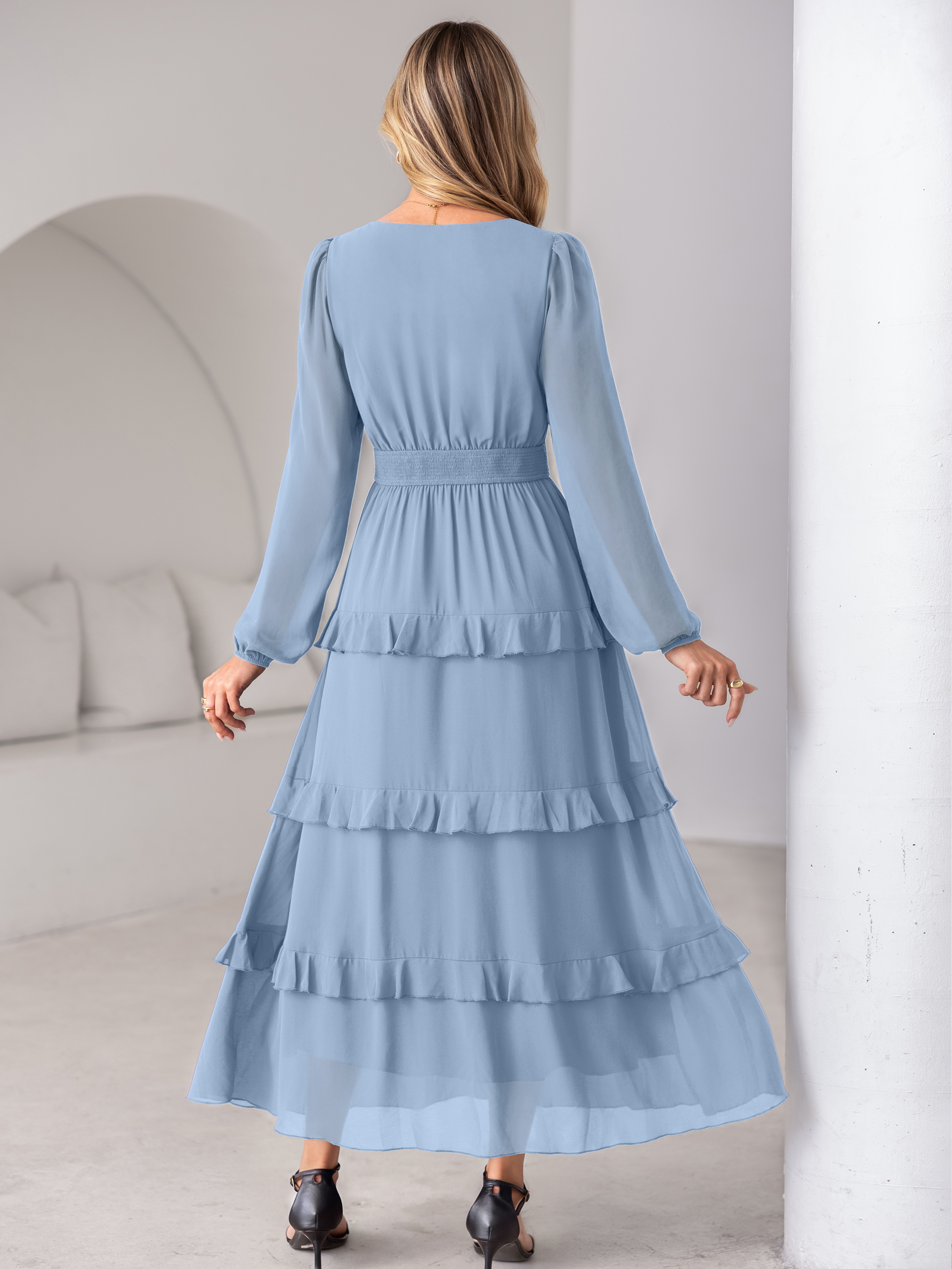 V-Neck Smocked Waist Tiered Ruffle Chiffon Maxi Dress